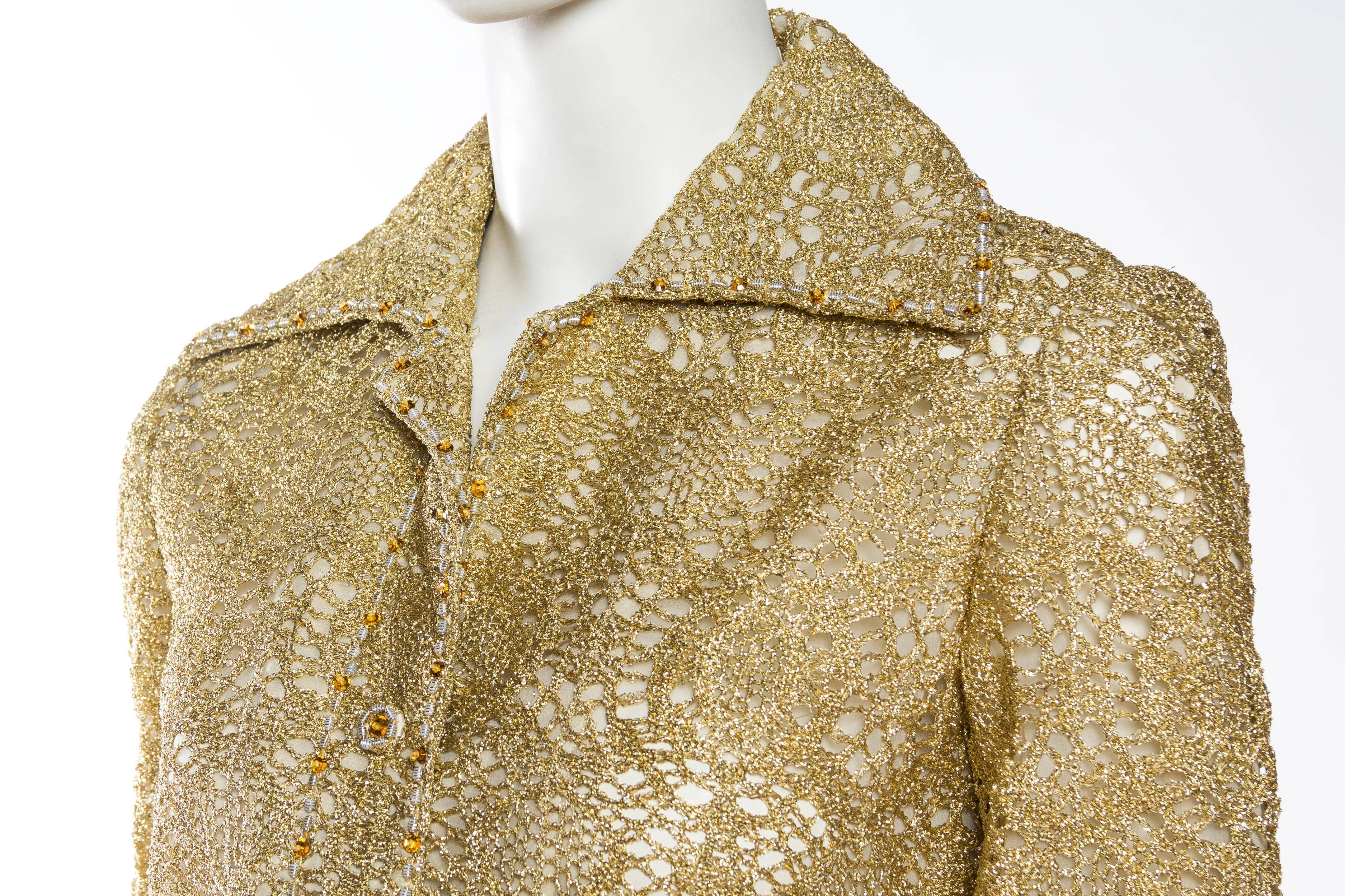 1970S Gold Silk & Lurex Lace Button Front Shirt With Crystals Self Fabric Belt For Sale 2