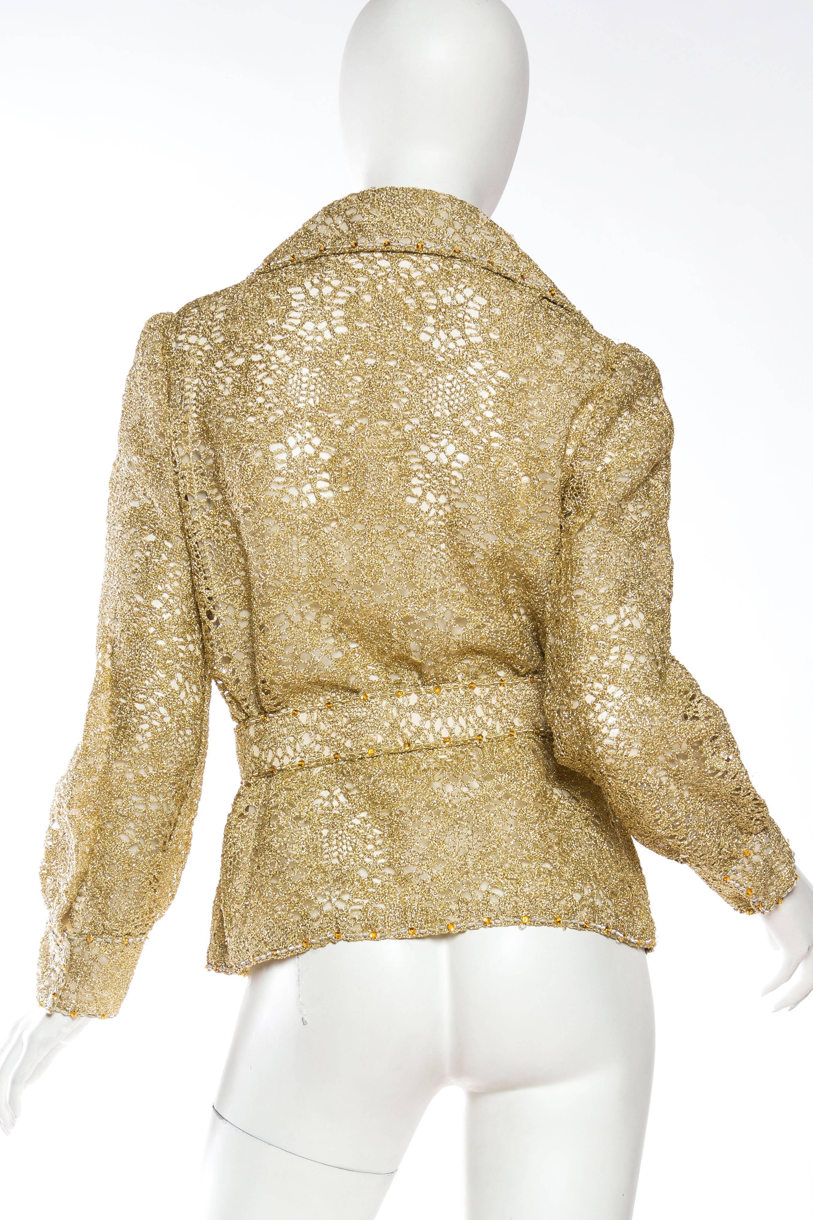 1970S Gold Silk & Lurex Lace Button Front Shirt With Crystals Self Fabric Belt For Sale 1