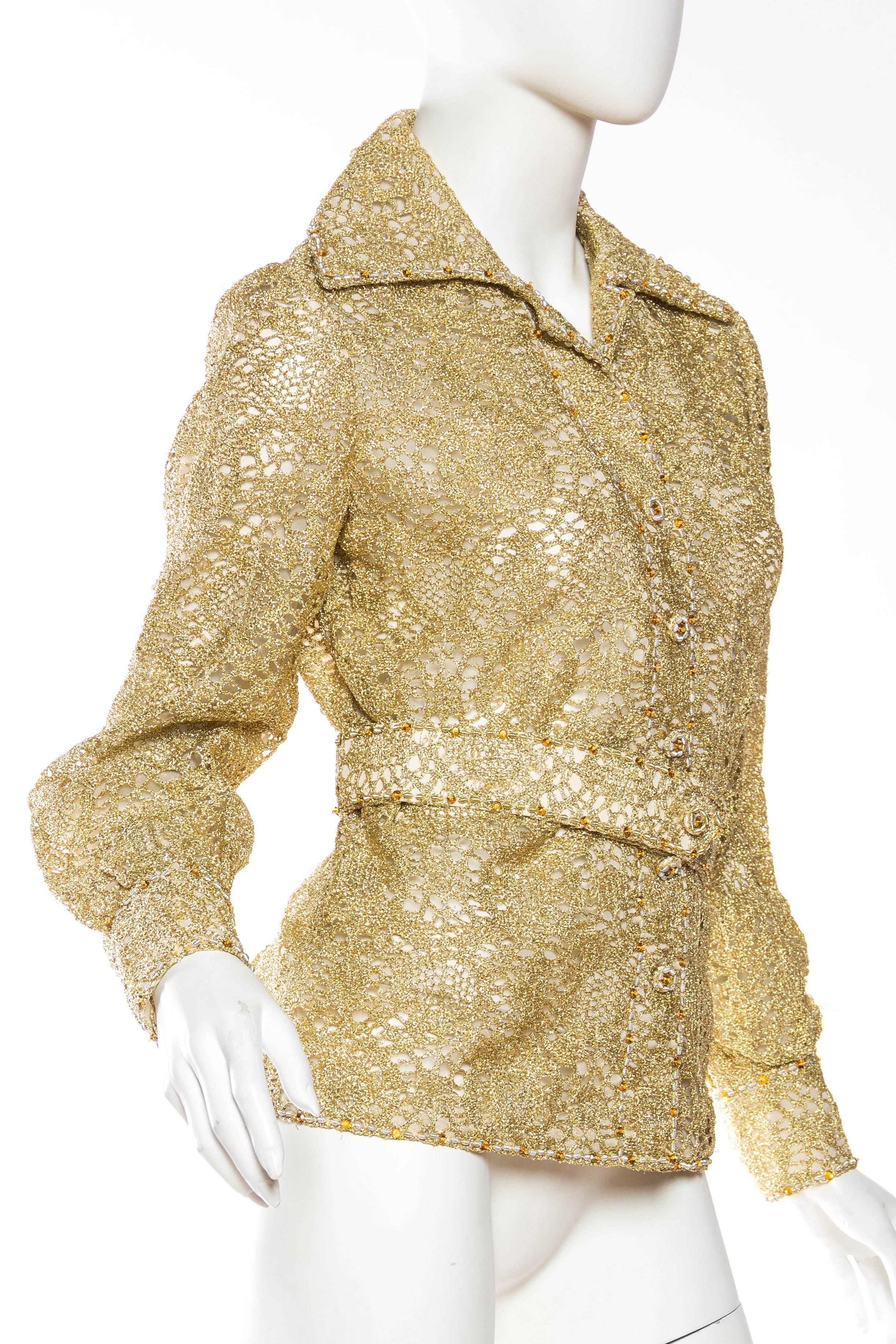 1970S Gold Silk & Lurex Lace Button Front Shirt With Crystals Self Fabric Belt In Excellent Condition For Sale In New York, NY