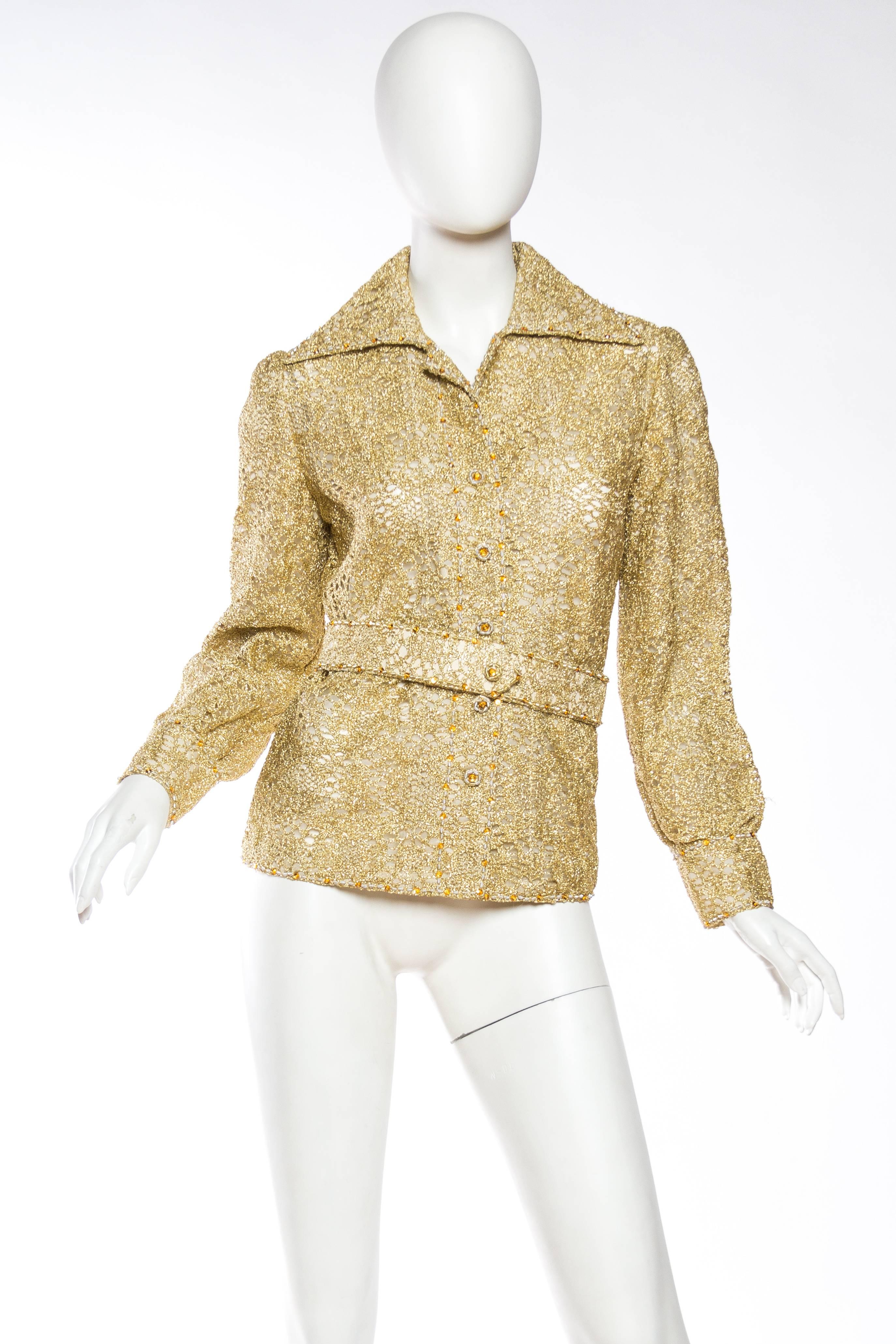 Hand finished and fully lined in silk chiffon. Can be worn open as a loose jacket. 1970S Gold Silk & Lurex Lace Button Front Shirt With Crystals Self Fabric Belt 