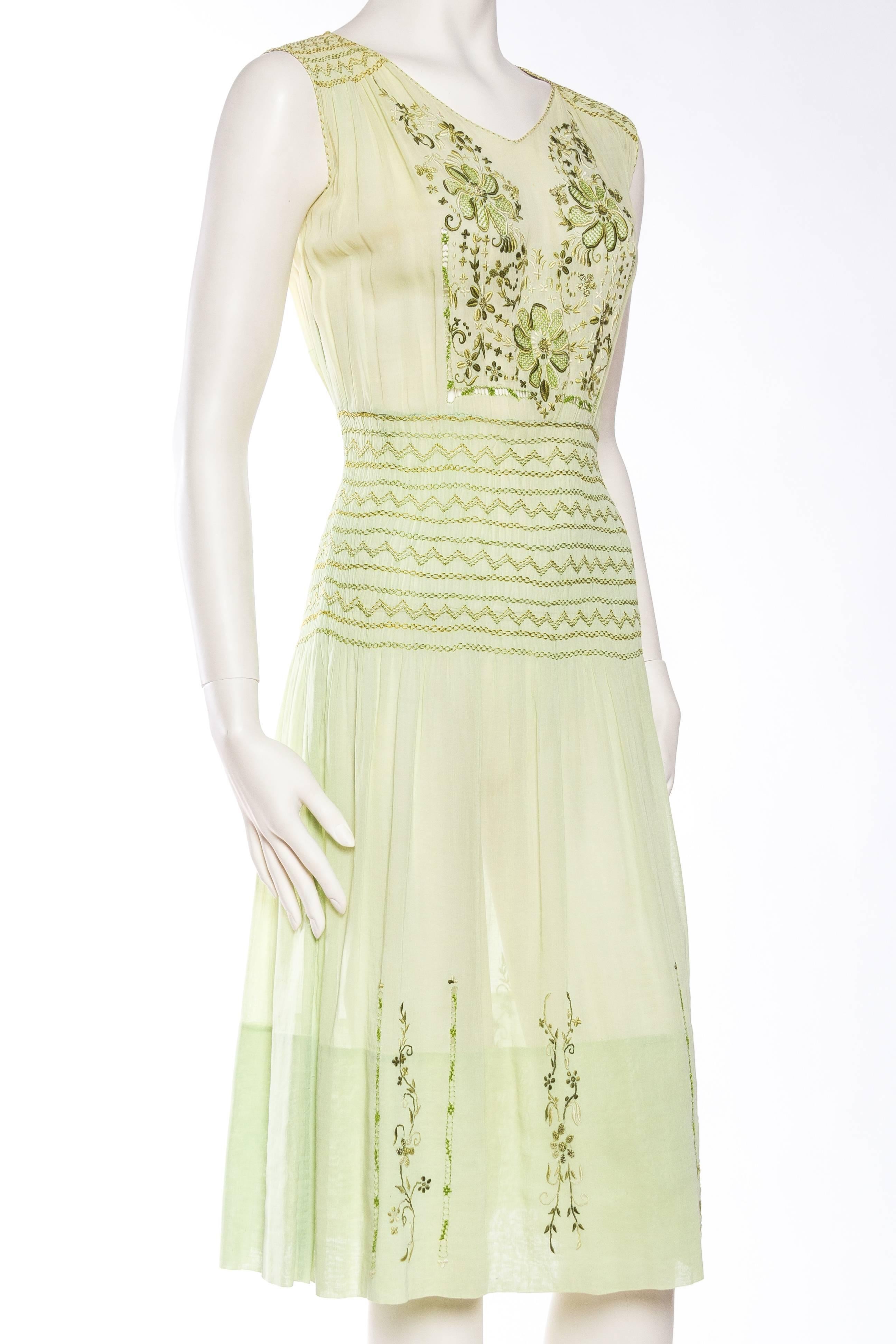 1920s-1940s Sheer Cotton Floral Embroidered Boho Folk Dress In Good Condition In New York, NY