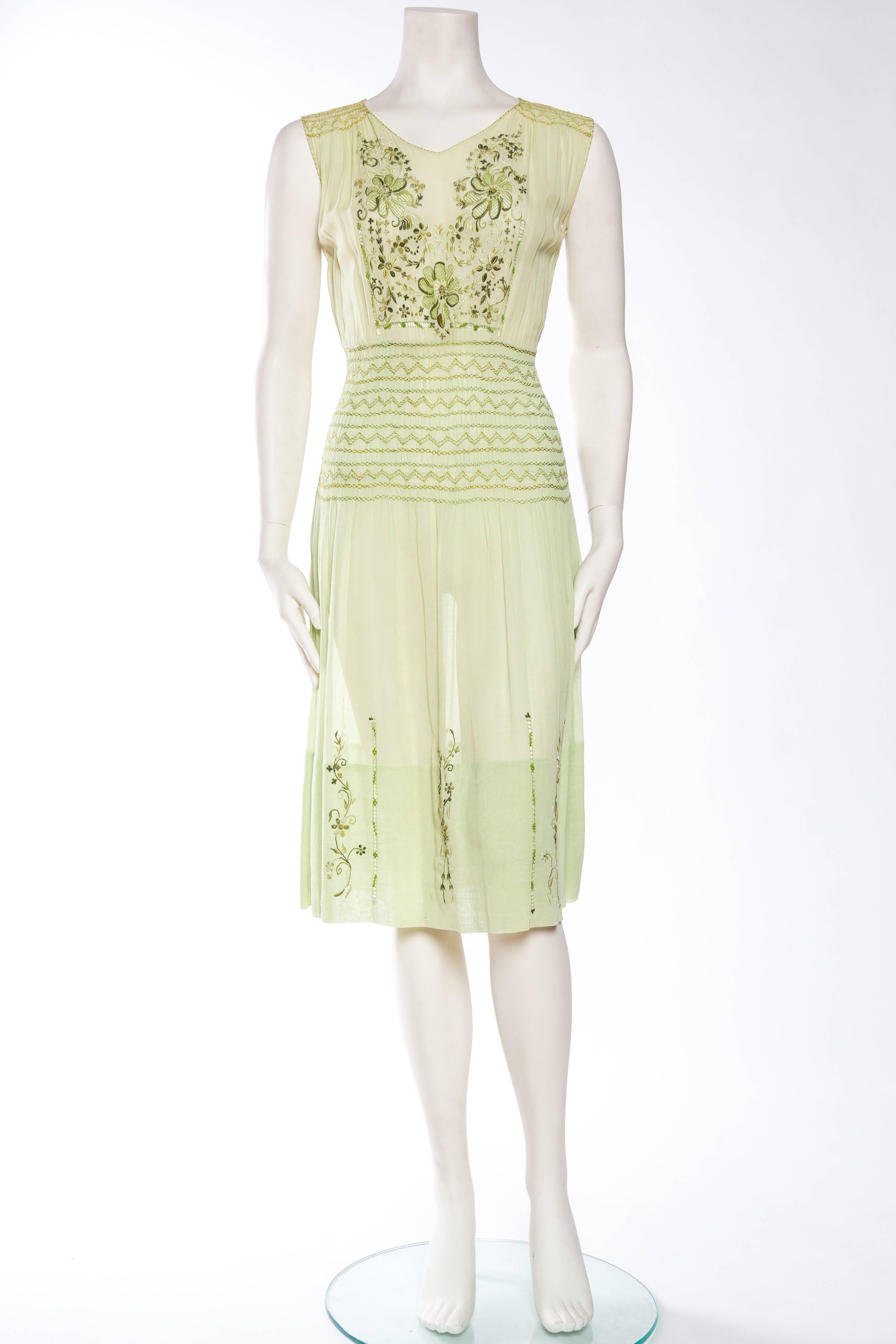 Beige 1920s-1940s Sheer Cotton Floral Embroidered Boho Folk Dress