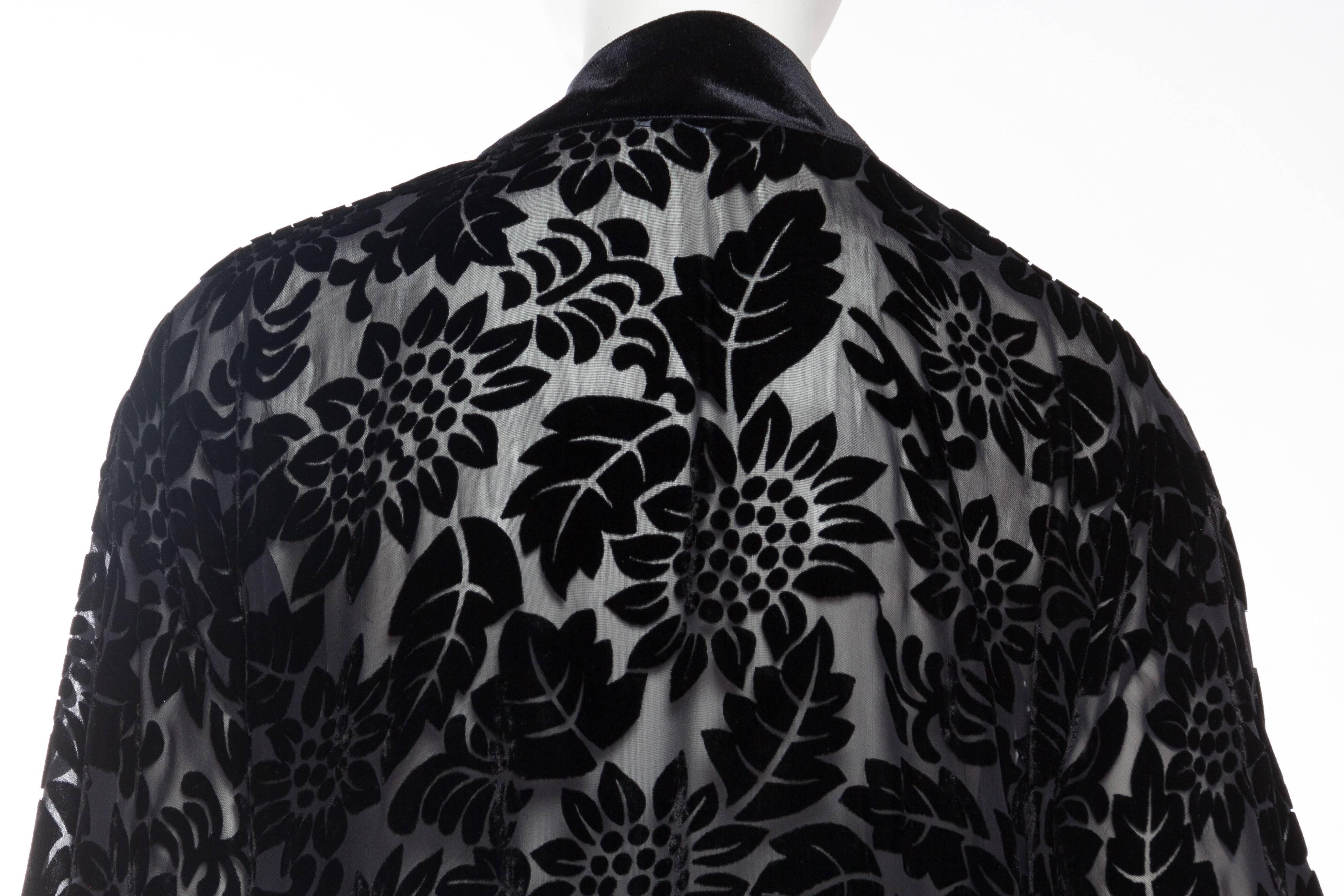 MORPHEW COLLECTION Black Floral Silk Burnout Velvet Sheer Fringed  Kimono In Excellent Condition For Sale In New York, NY