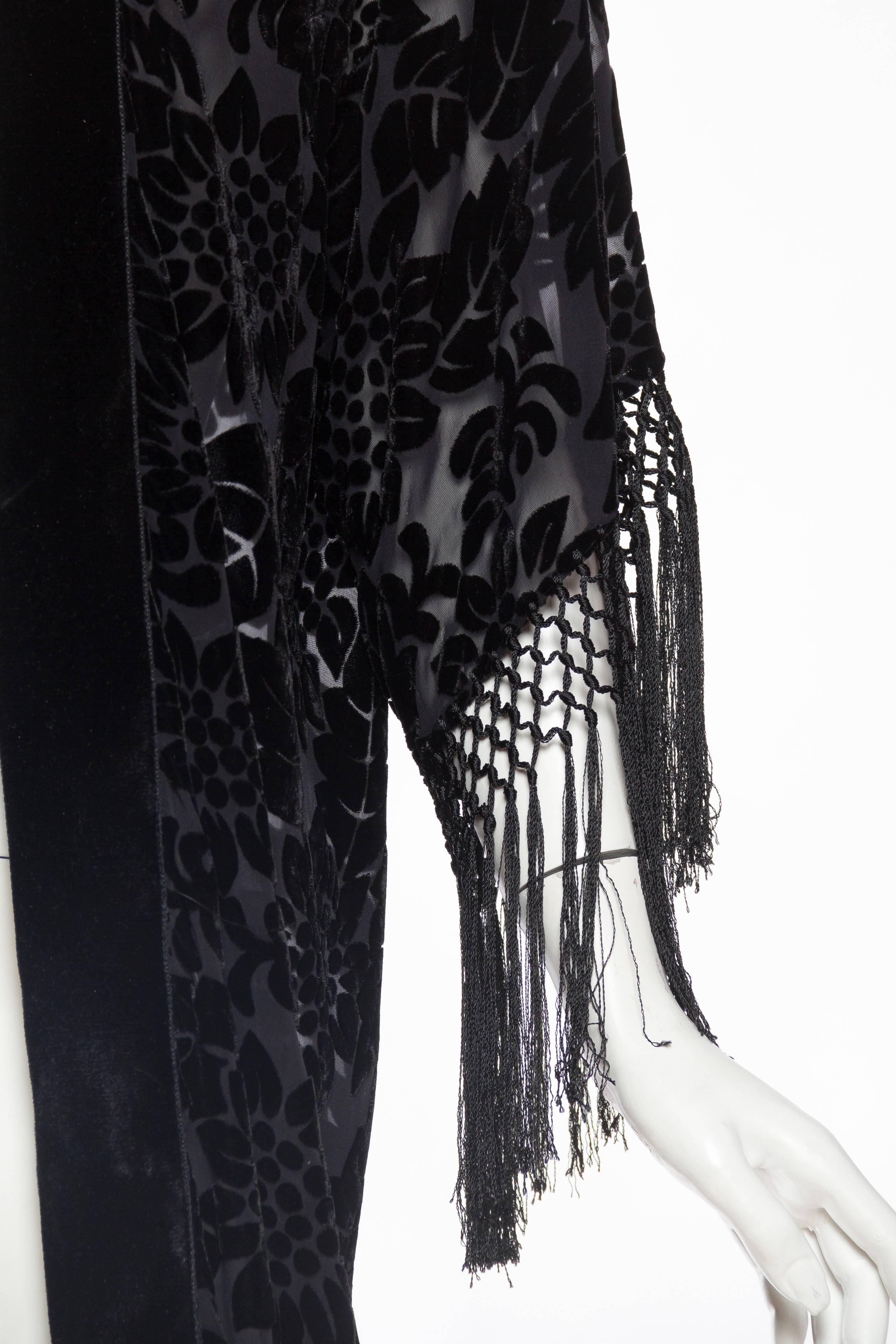 Women's MORPHEW COLLECTION Black Floral Silk Burnout Velvet Sheer Fringed  Kimono For Sale