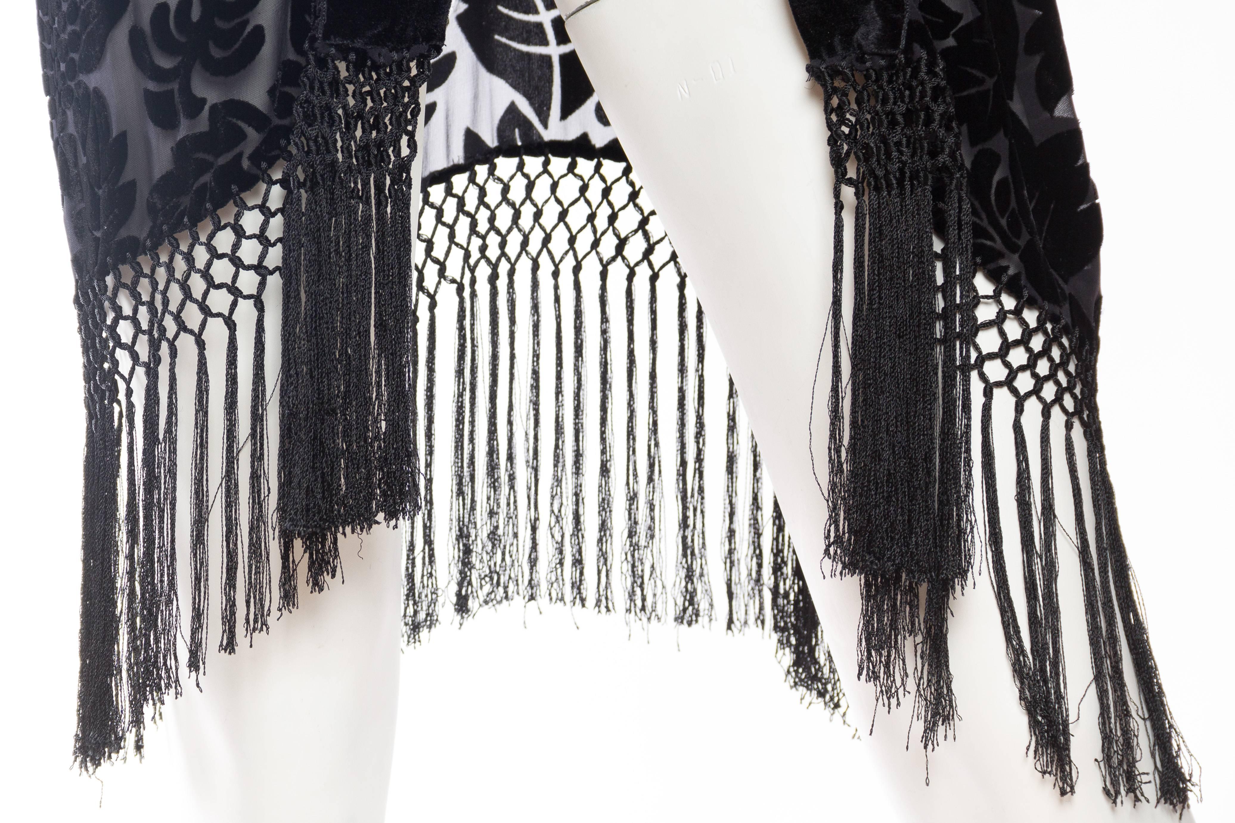 MORPHEW COLLECTION Black Floral Silk Burnout Velvet Sheer Fringed  Kimono For Sale 1