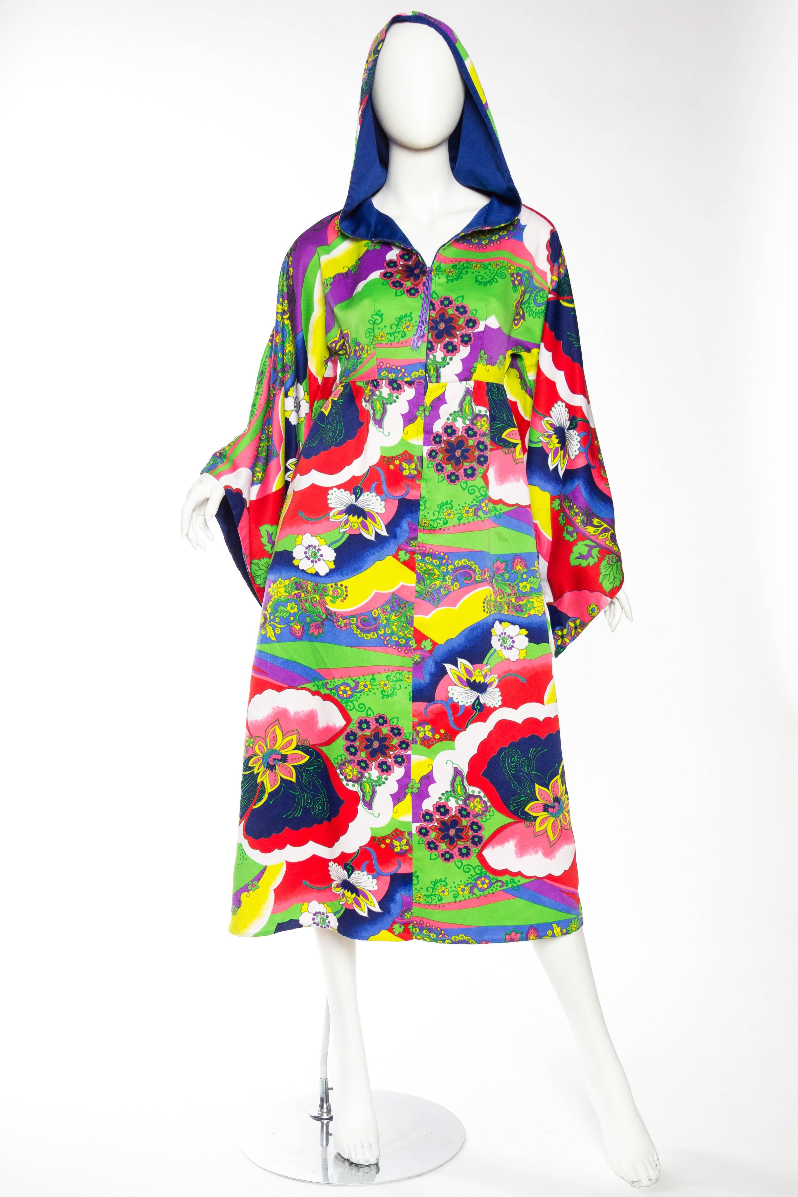 1970S Multicolor Psychedelic Polyester Empire Waist Bell Sleeve Hooded Dress With Pocket