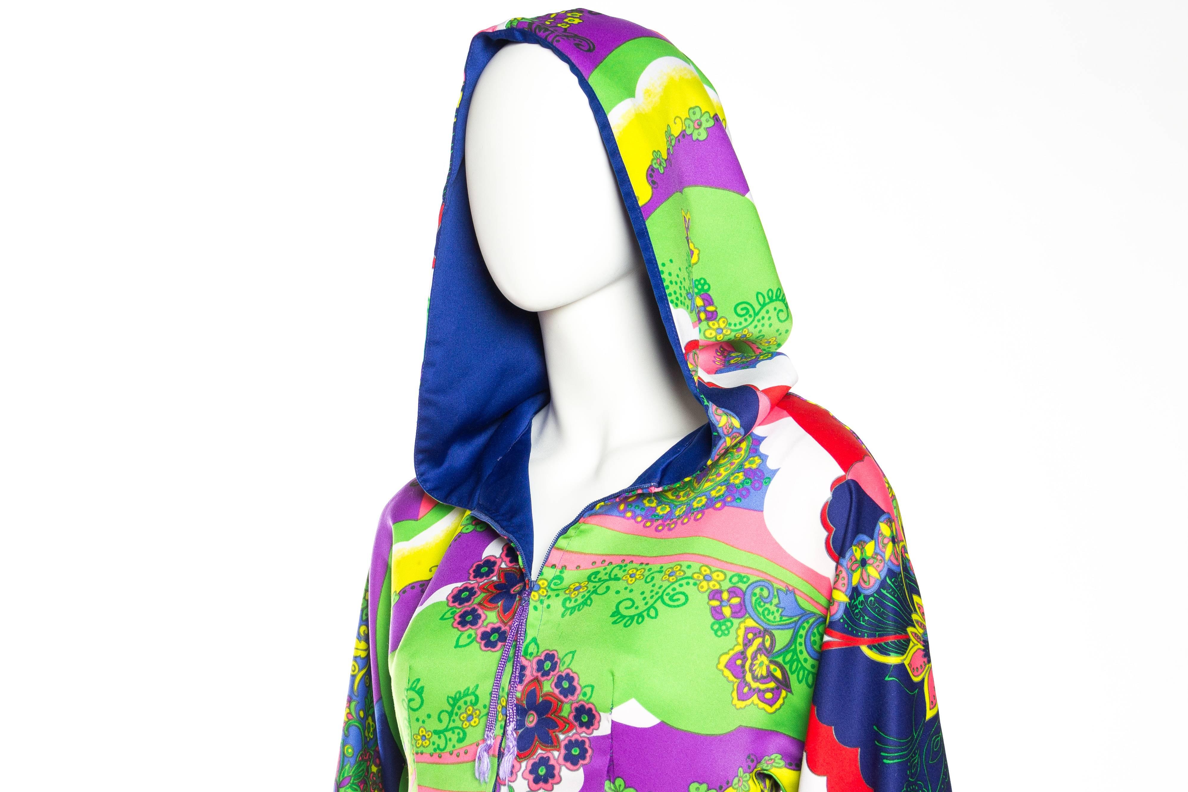 1970S Multicolor Psychedelic Polyester Empire Waist Bell Sleeve Hooded Dress Wi 2