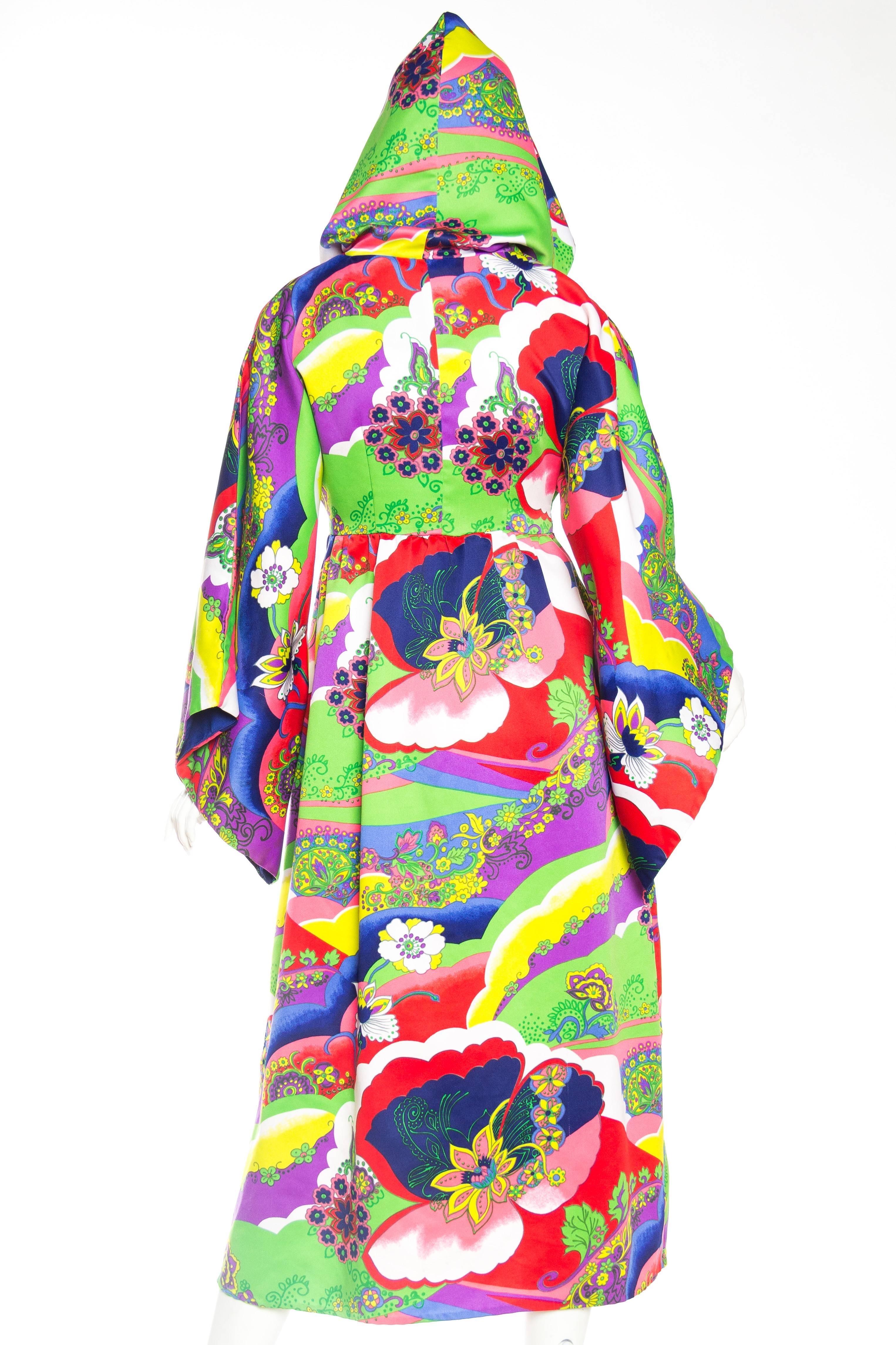 1970S Multicolor Psychedelic Polyester Empire Waist Bell Sleeve Hooded Dress Wi 1