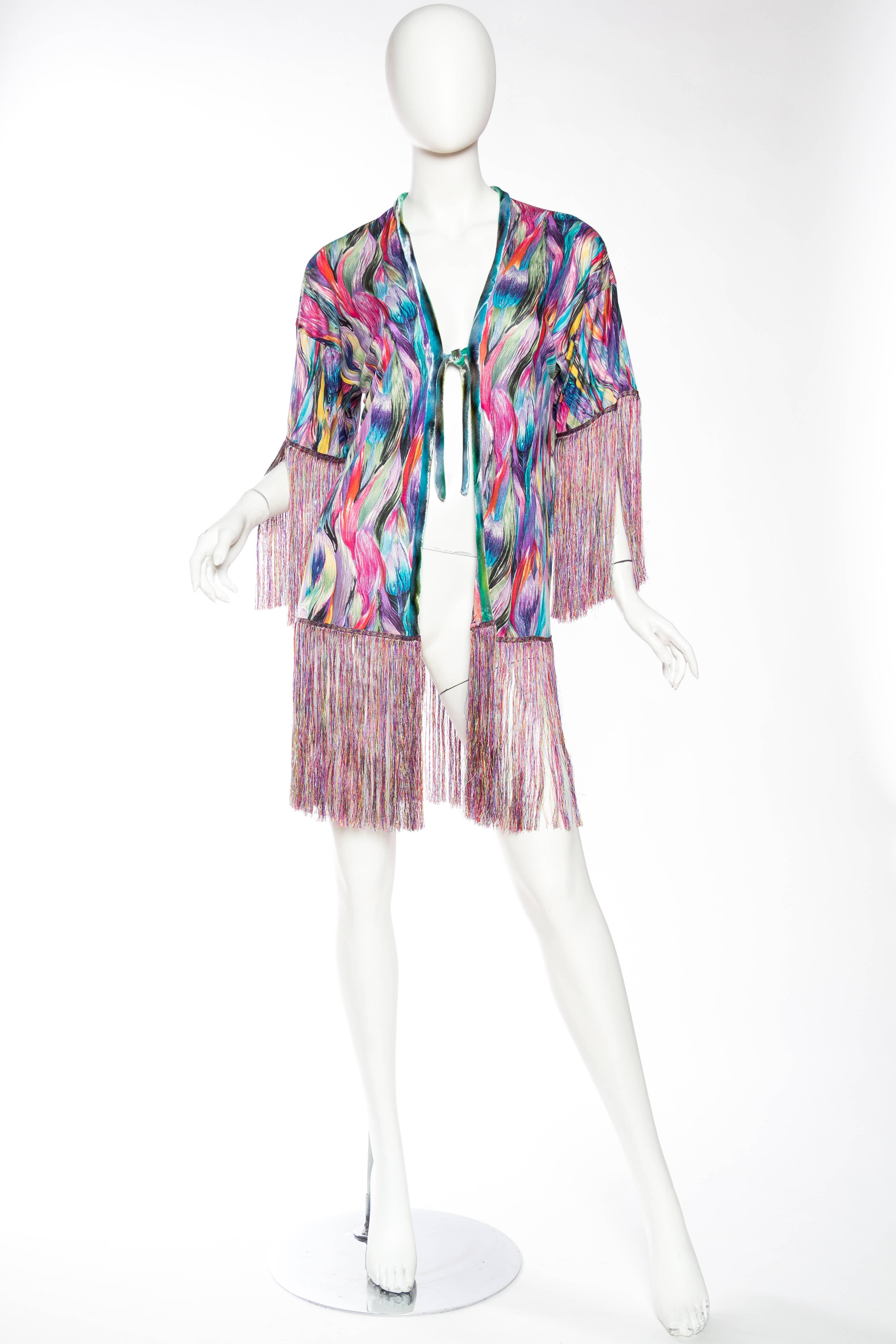 Gray Slinky Silk Jersey Missoni Kimono with Fringe