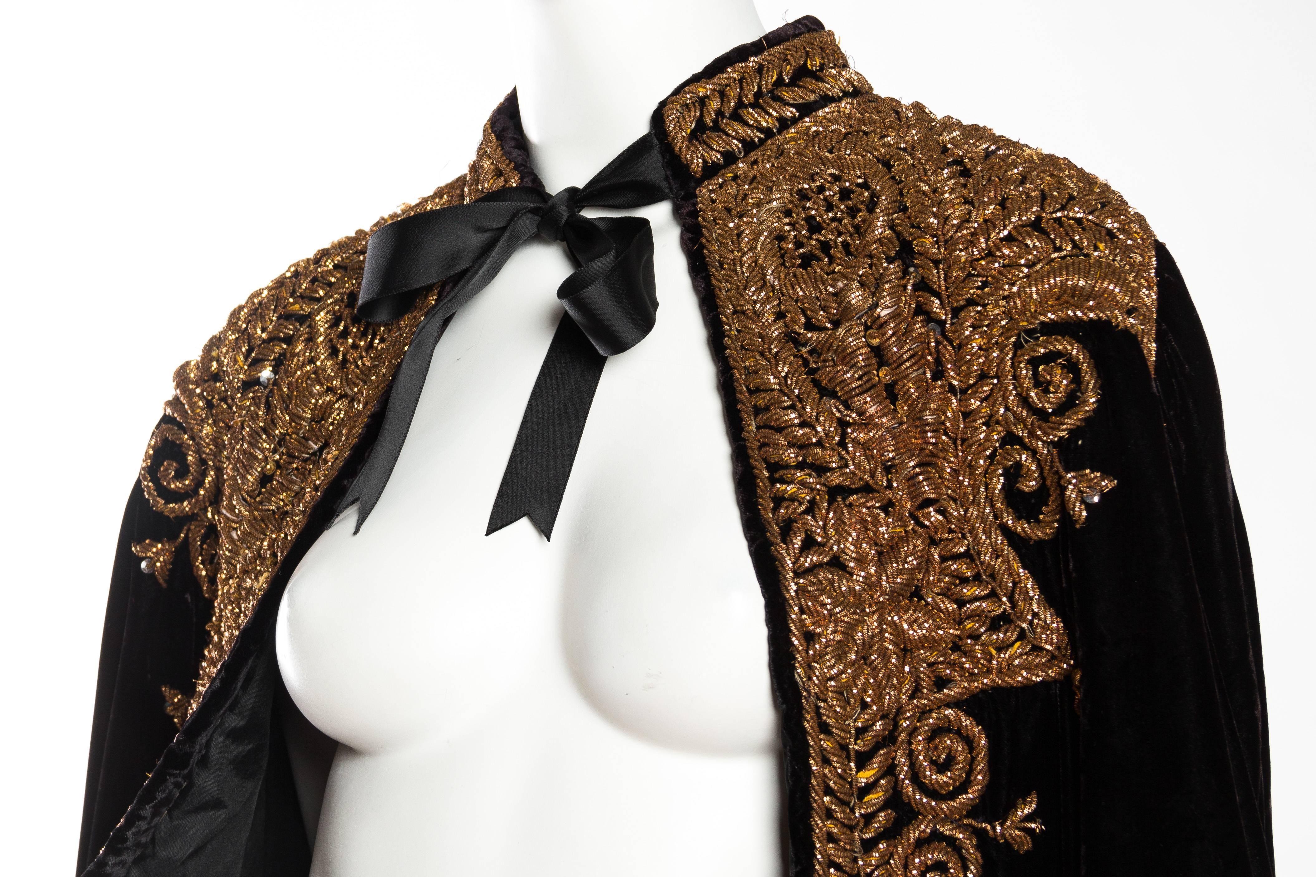 Lush Velvet Cape Elaborately Embroidered with Metallic Copper In Excellent Condition In New York, NY