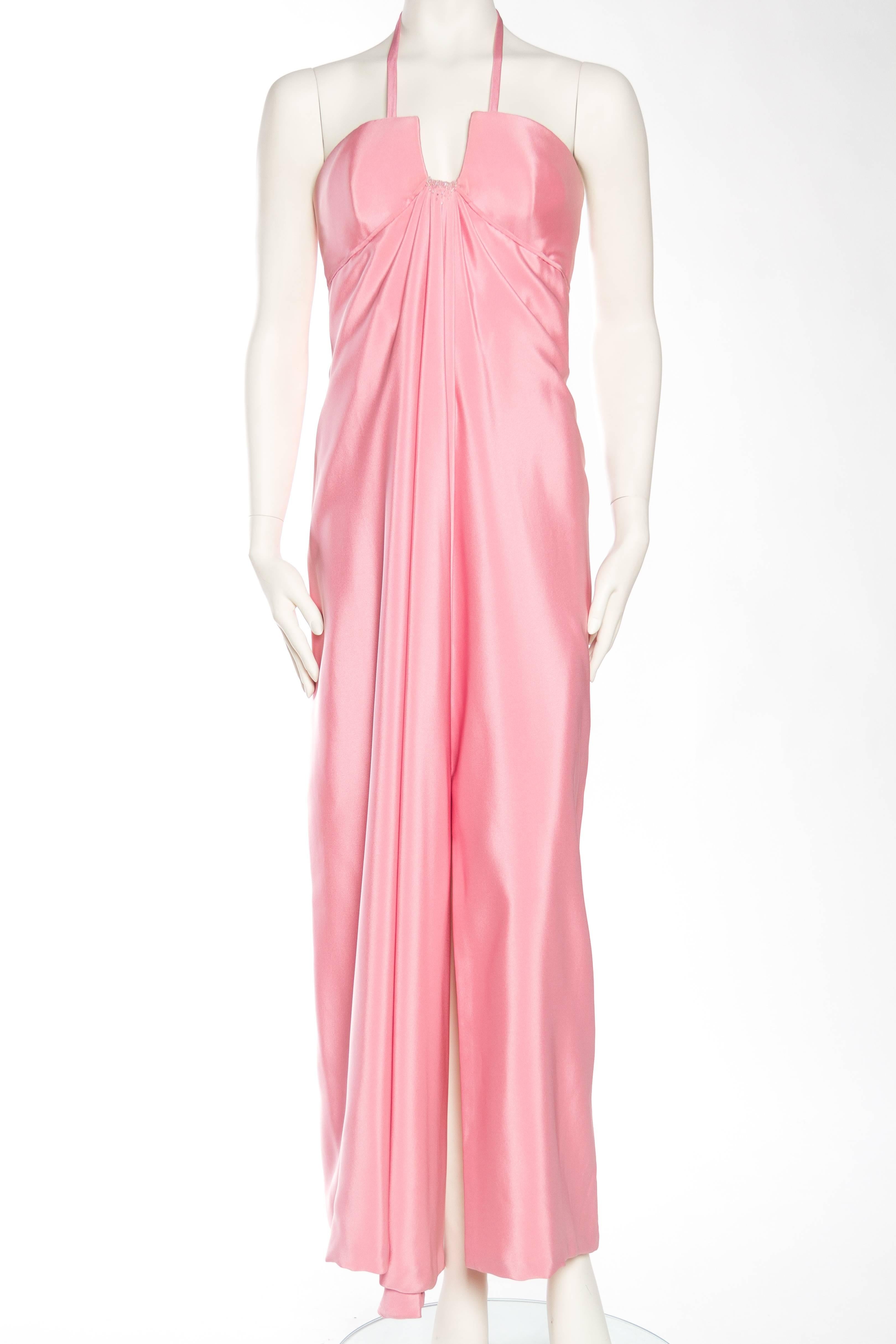 1970S  VALENTINO Style Baby Pink Haute Couture Silk Crepe Boned Empire Waist Gown