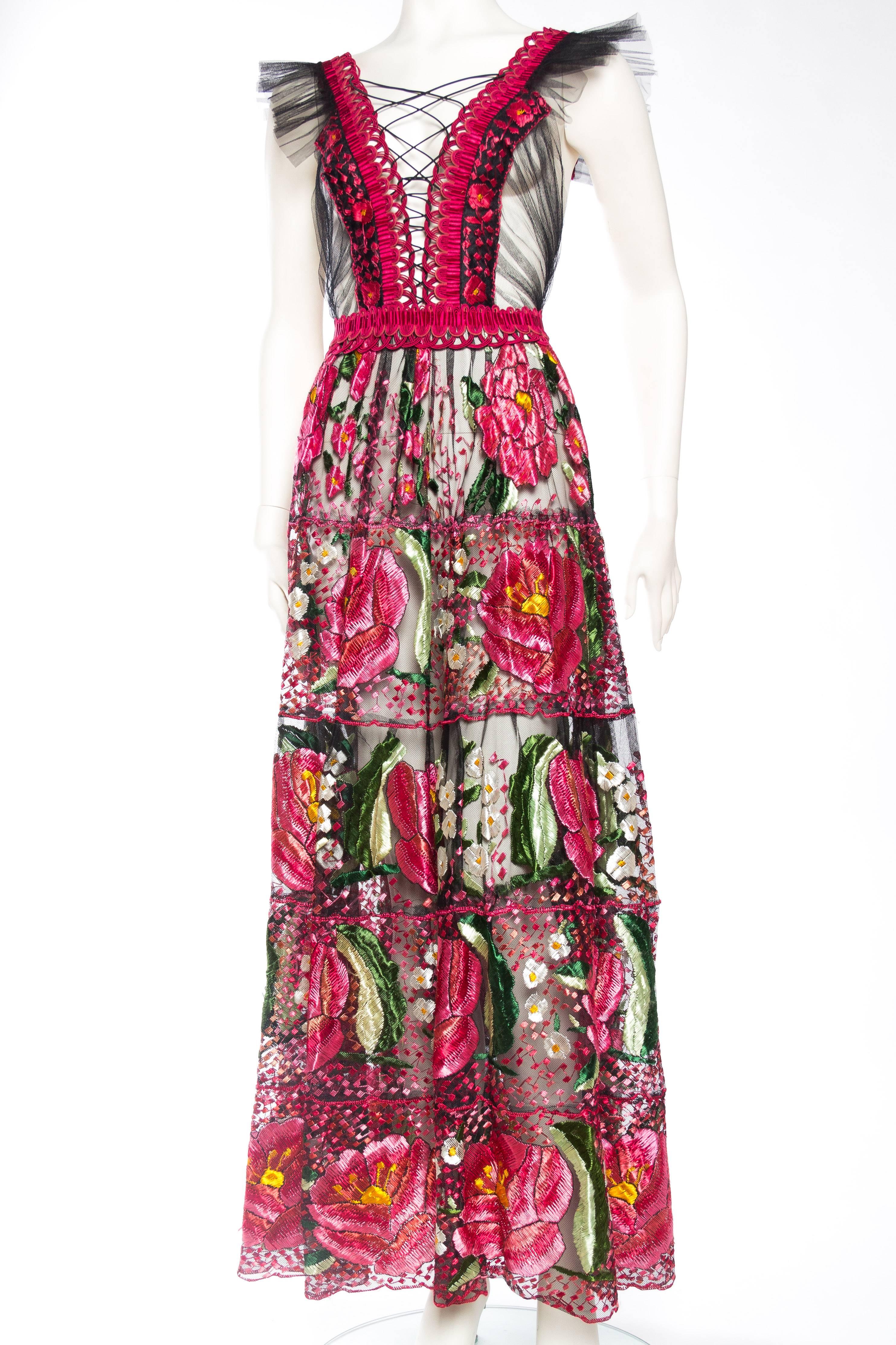 Bohemian Inspired Fully Embroidered Sheer Net Dress made from antique fabrics and trims. 