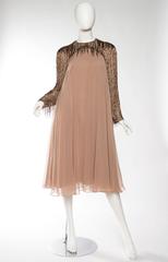 1970s Chiffon Dress with Sleeves Beaded with Fringe