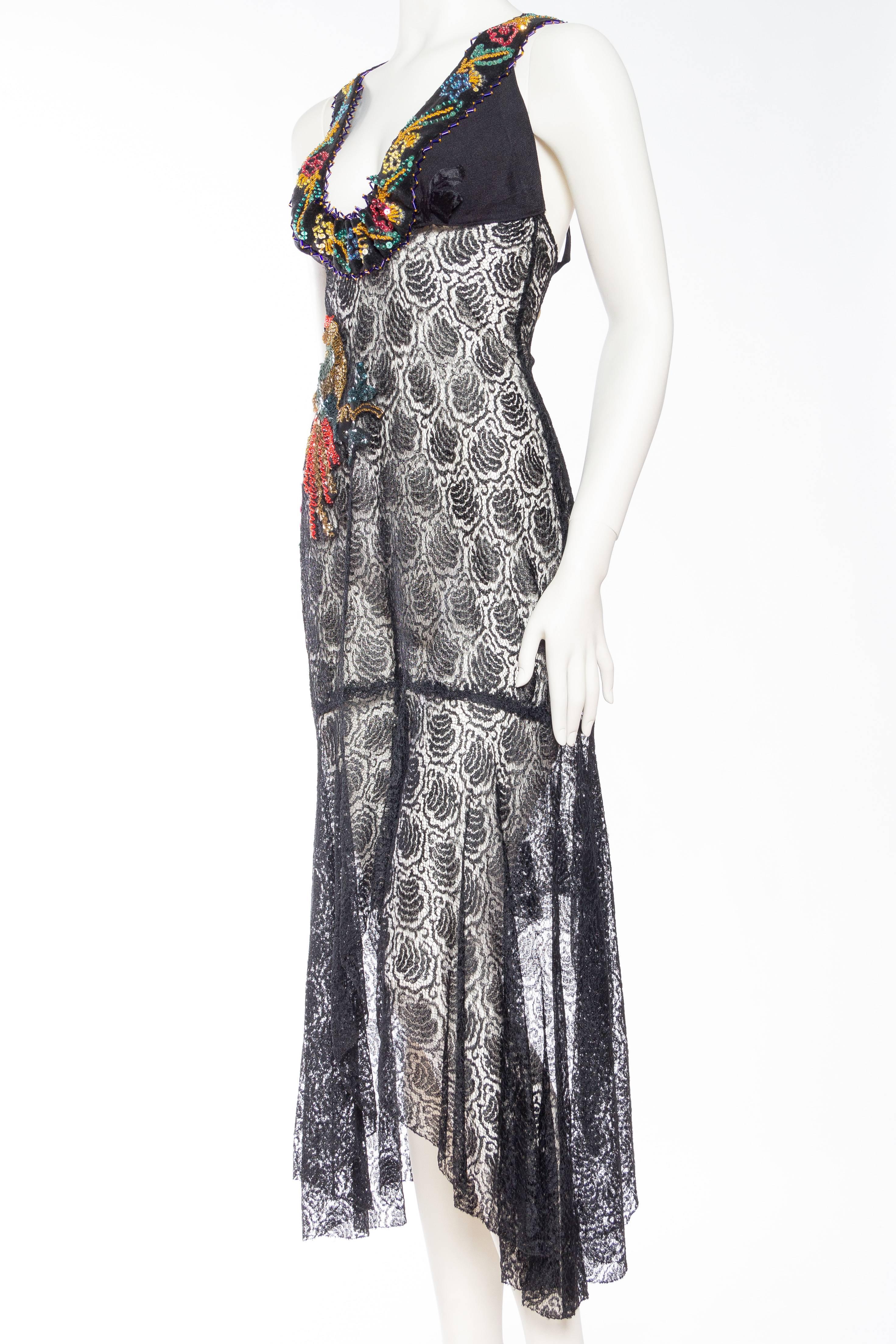 Reworked 1930s Sheer Lace Dress with Sequined Bird 1
