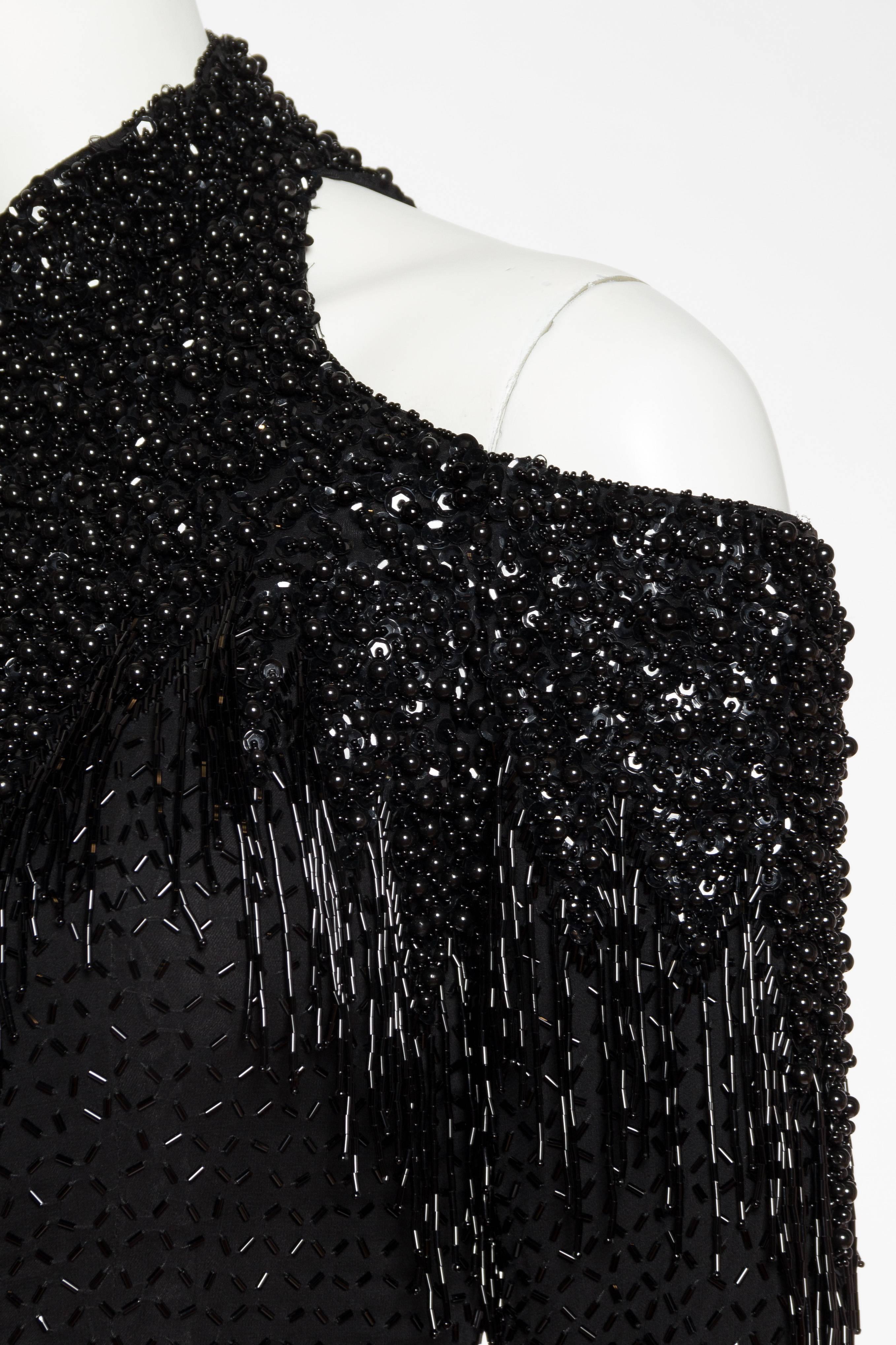 1980S Black Silk Chiffon Cold Shoulder Beaded Fringe Gown For Sale 4
