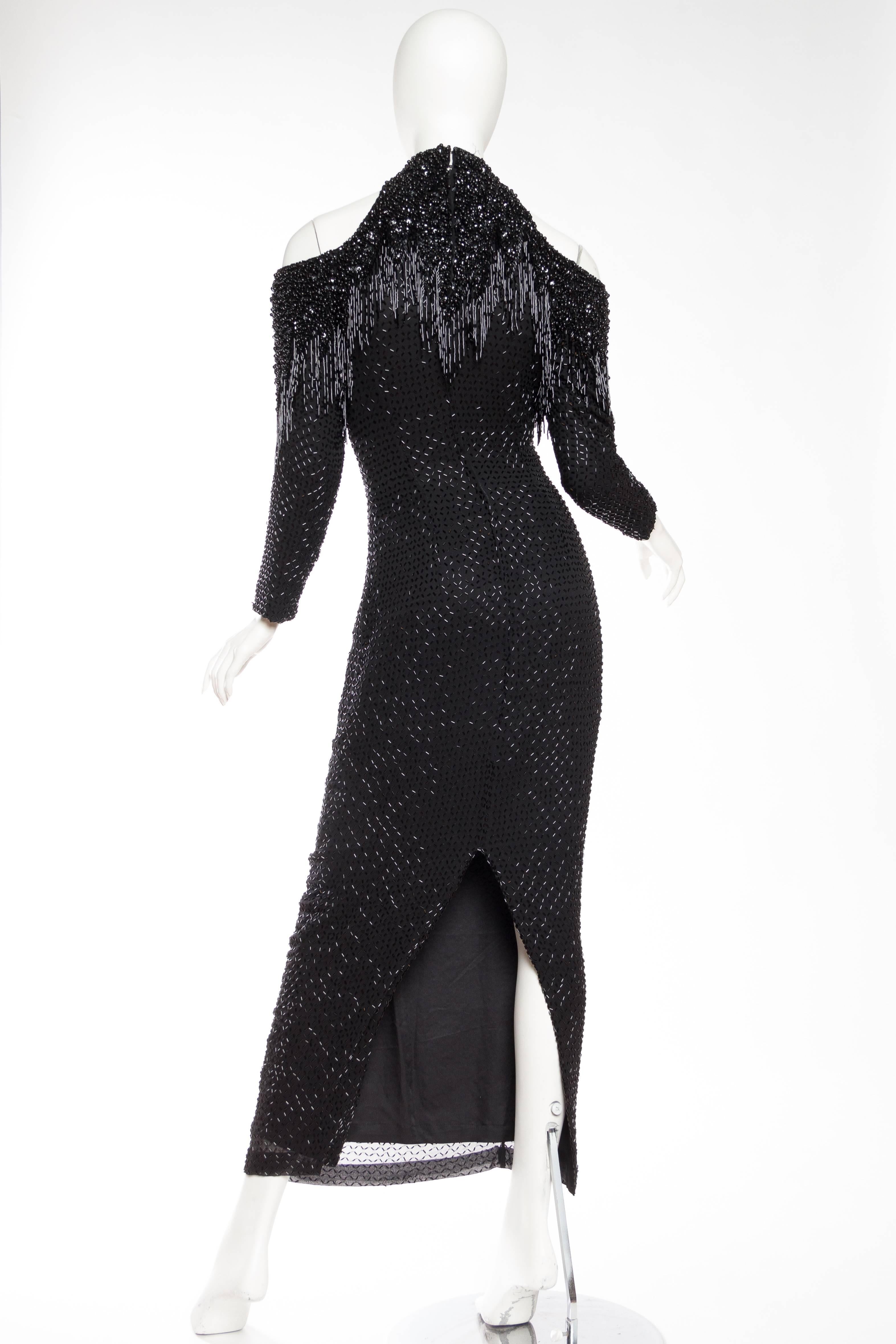 1980S Black Silk Chiffon Cold Shoulder Beaded Fringe Gown For Sale 2