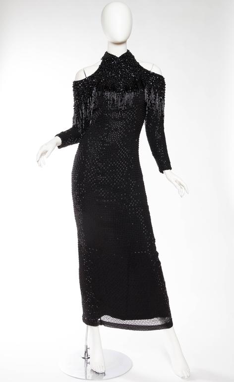 1980S Black Silk Chiffon Cold Shoulder Beaded Fringe Gown For Sale at ...