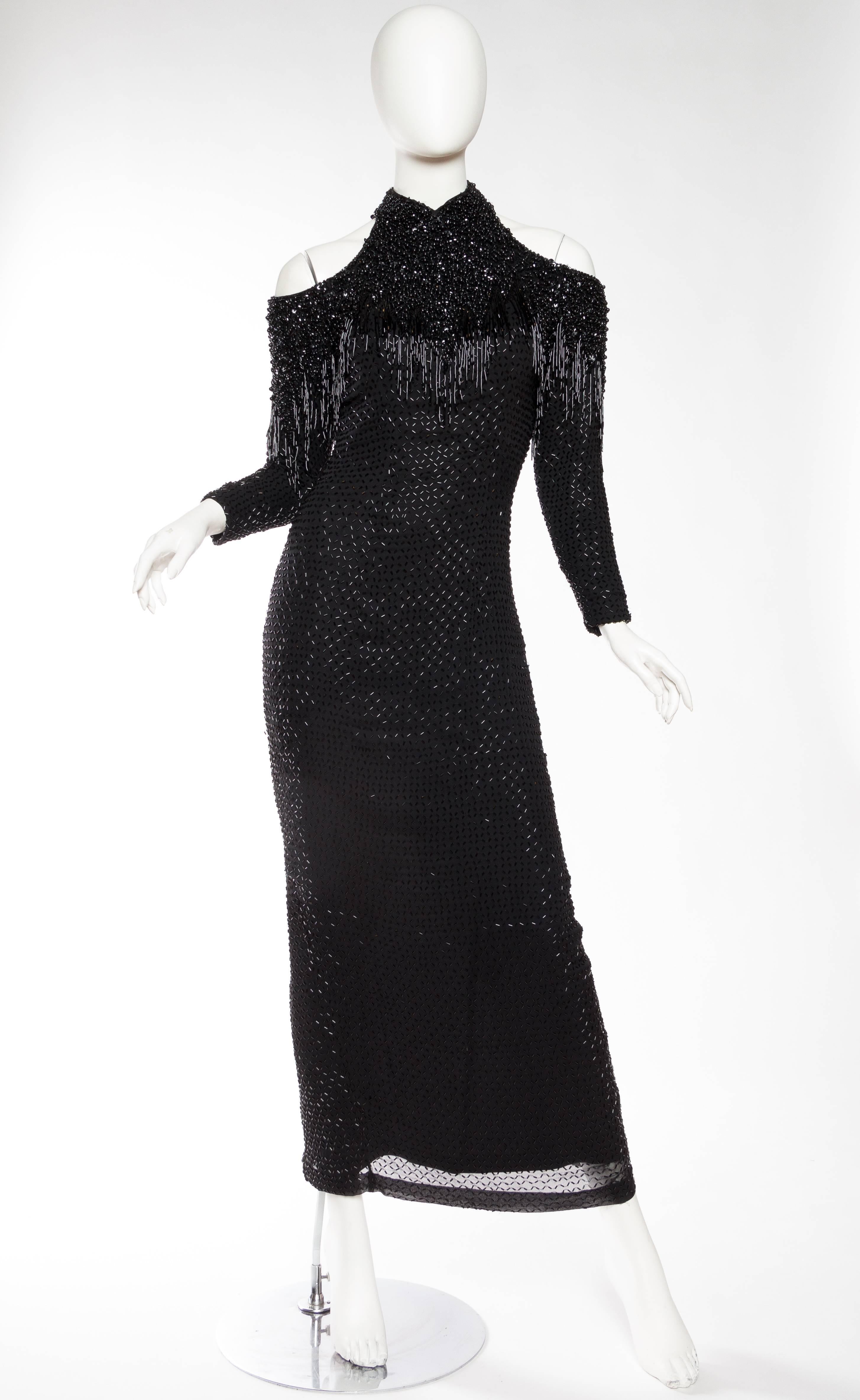 1980S Black Silk Chiffon Cold Shoulder Beaded Fringe Gown In Excellent Condition For Sale In New York, NY