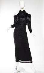 1980S Black Silk Chiffon Cold Shoulder Beaded Fringe Gown