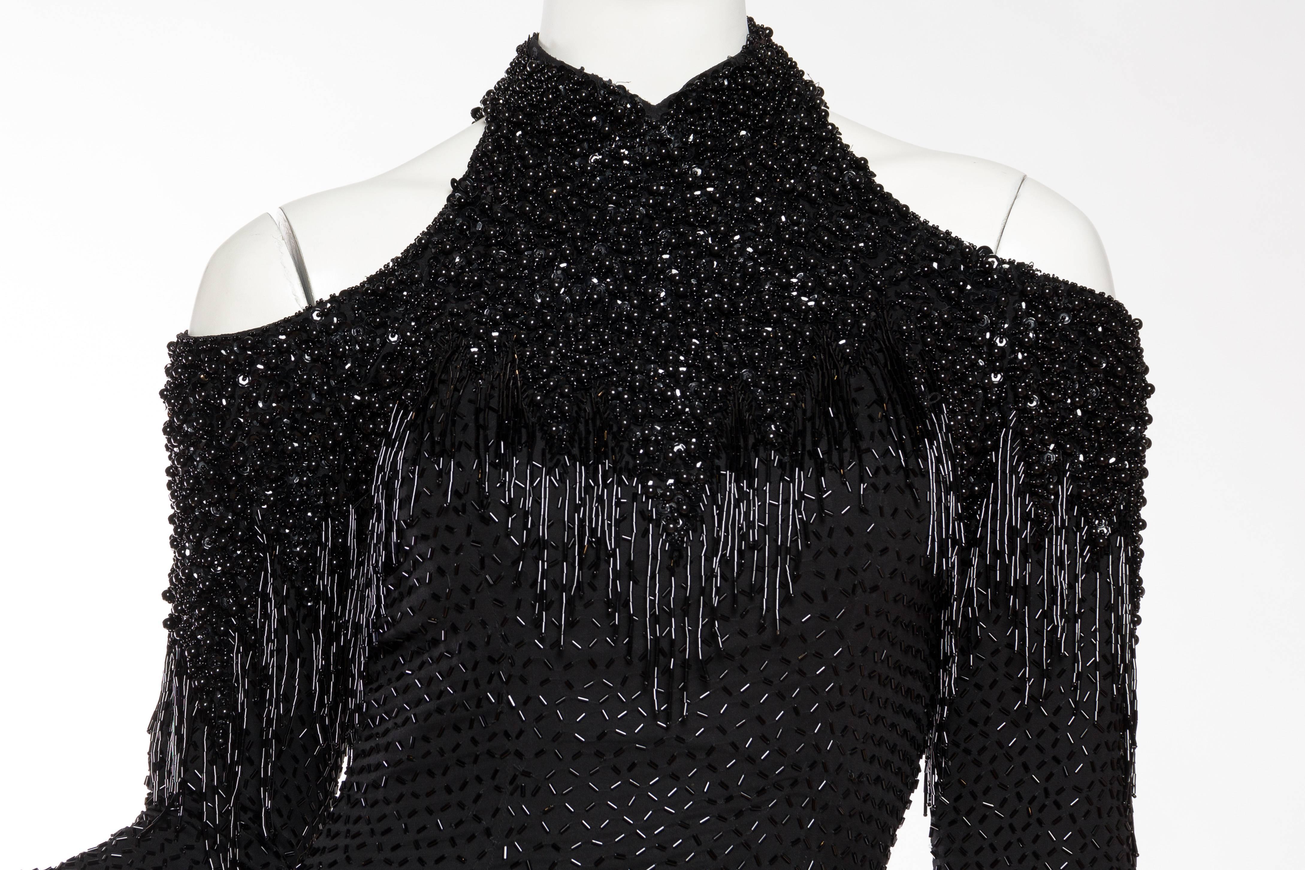 1980S Black Silk Chiffon Cold Shoulder Beaded Fringe Gown For Sale 3