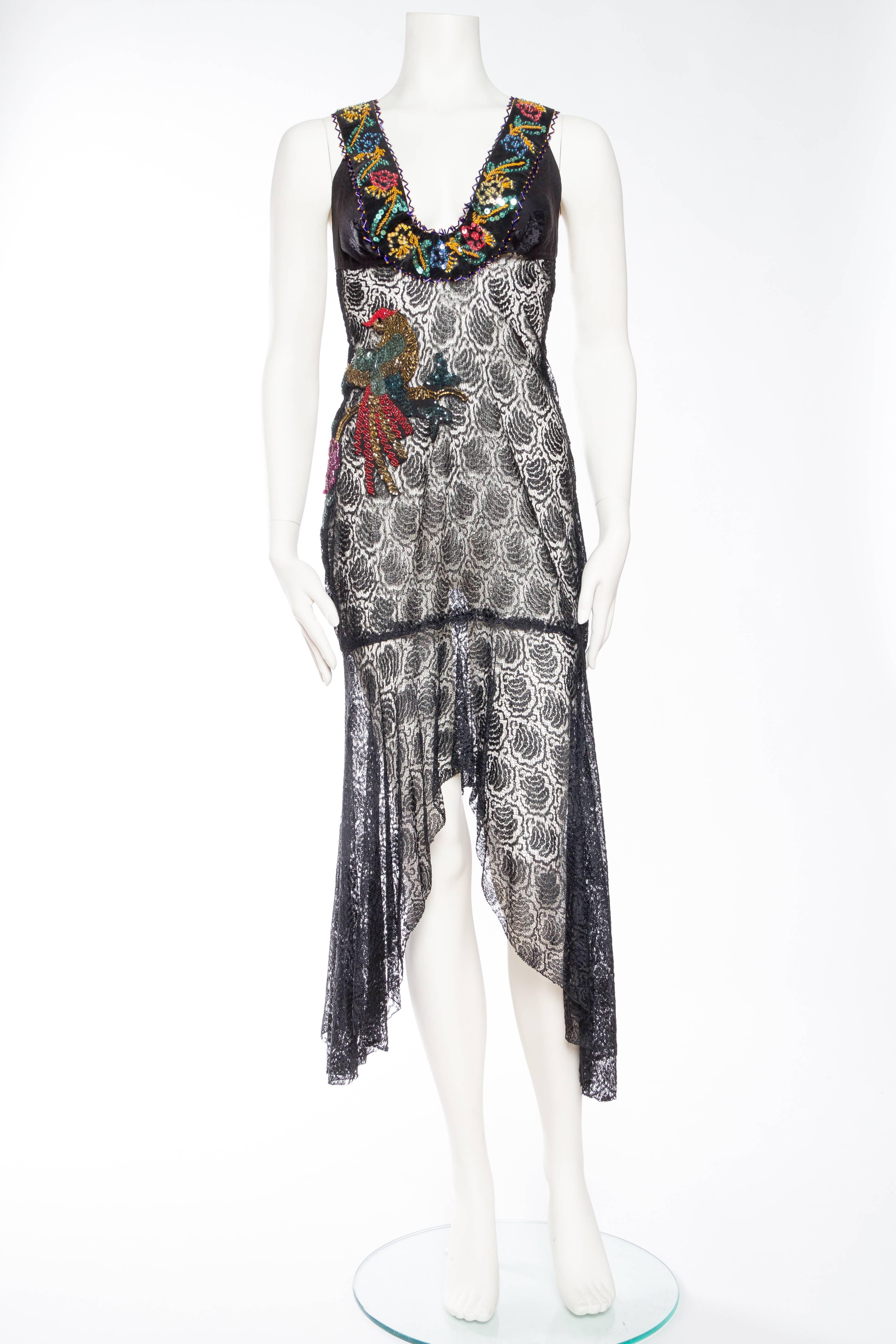 Reworked 1930s Sheer Lace Dress with Sequined Bird In Excellent Condition In New York, NY