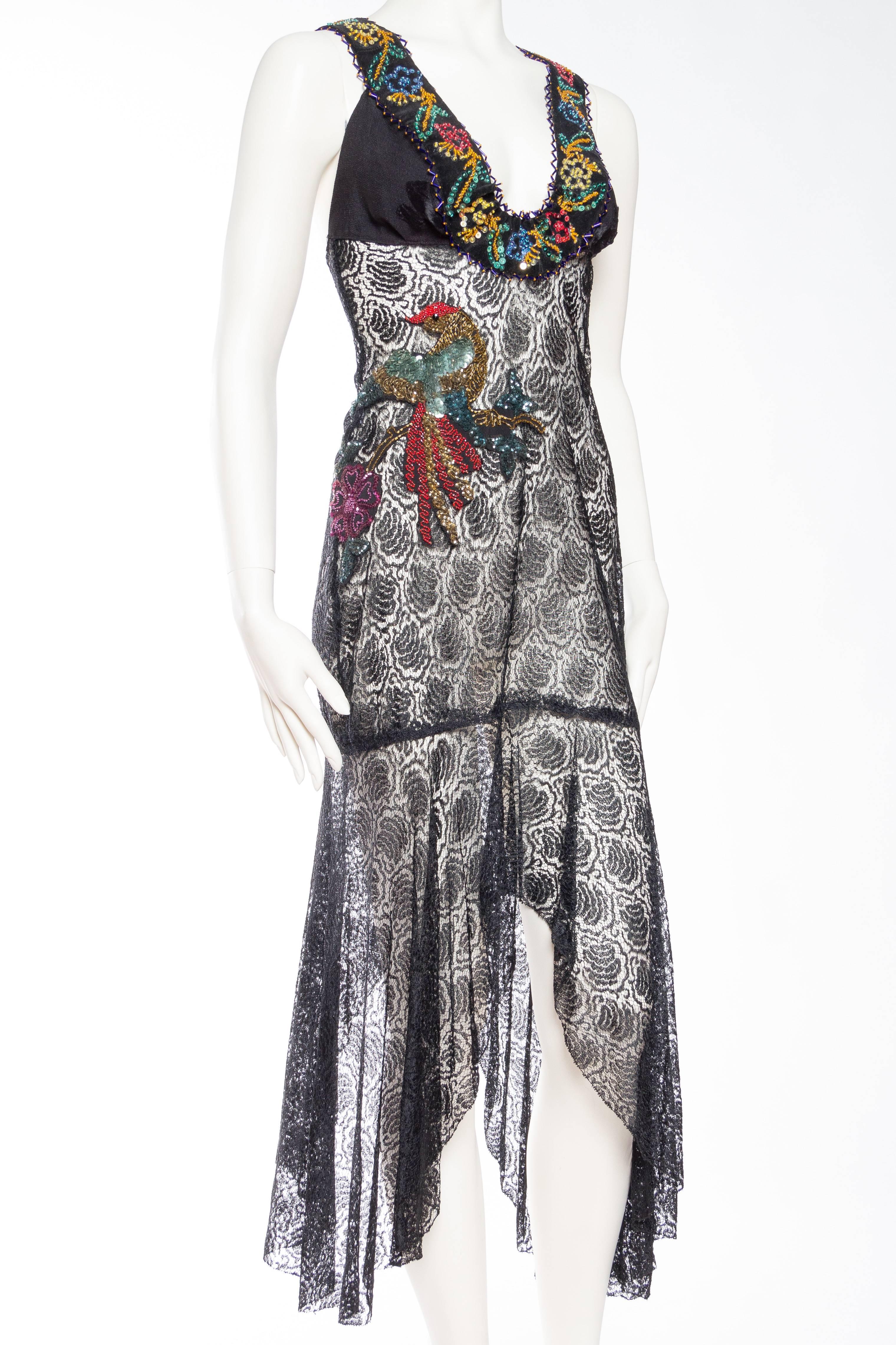 Women's Reworked 1930s Sheer Lace Dress with Sequined Bird