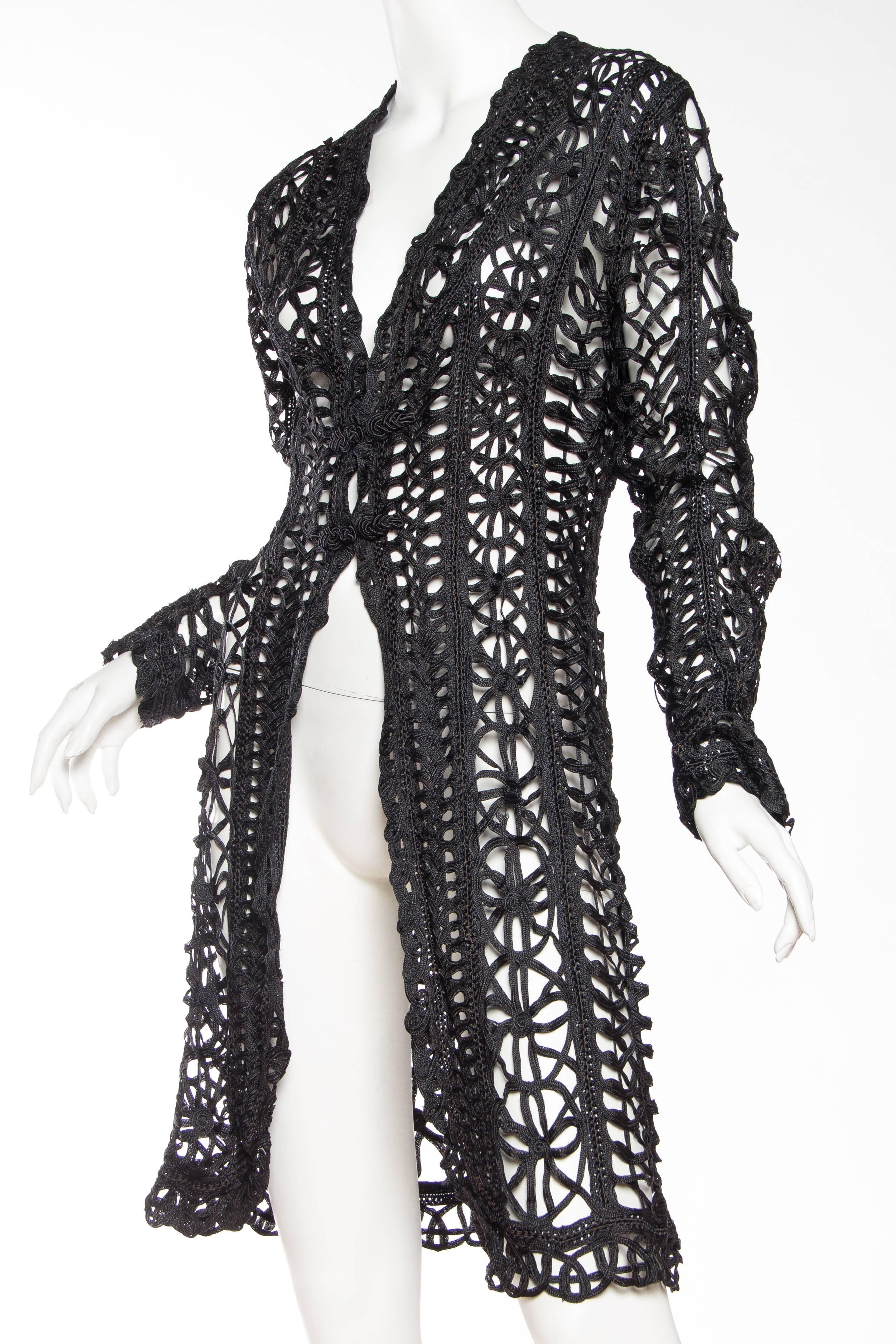 Women's Victorian Black Silk Belle Epoch Ribbon Lace Duster Jacket For Sale