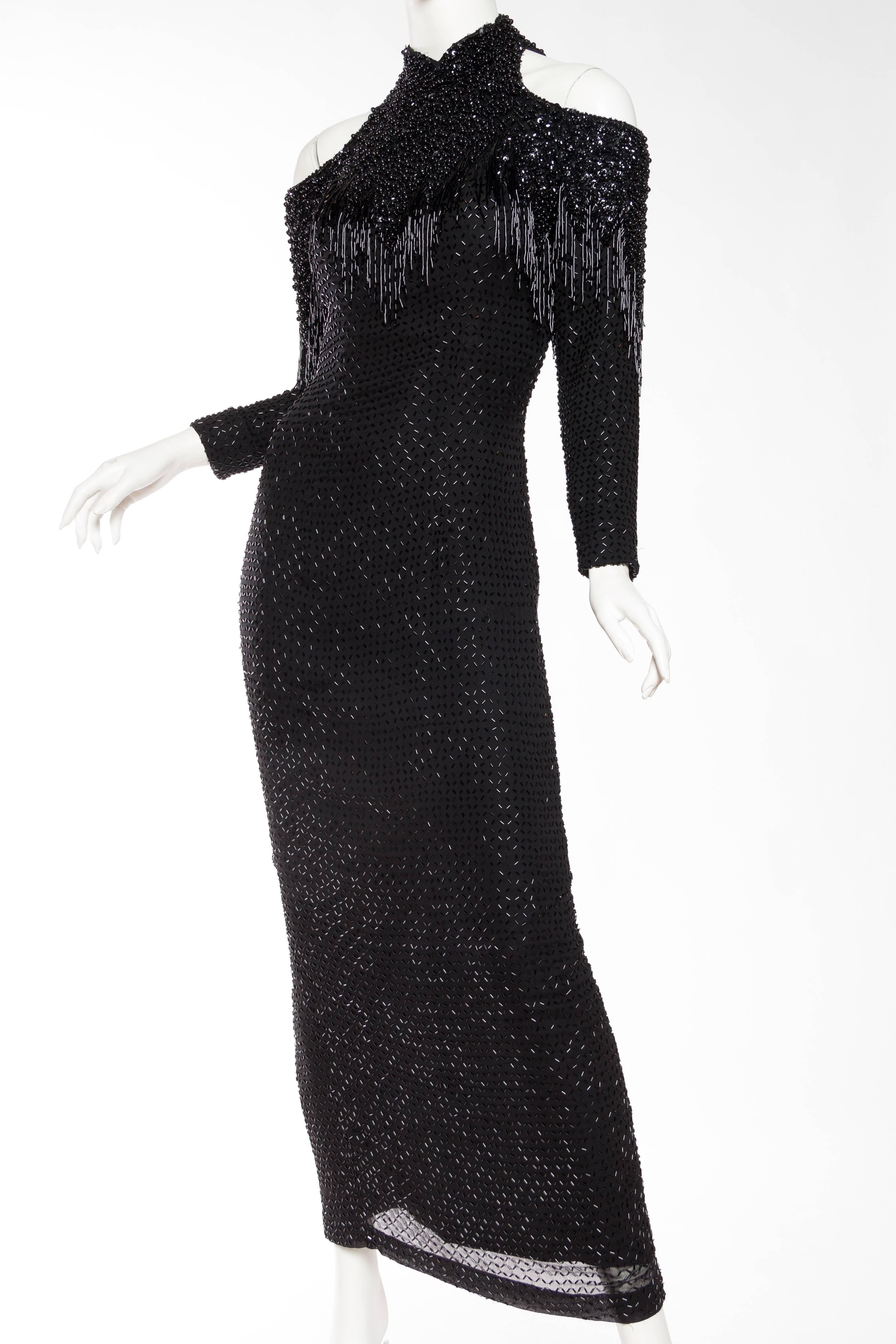 1980S Black Silk Chiffon Cold Shoulder Beaded Fringe Gown For Sale 1