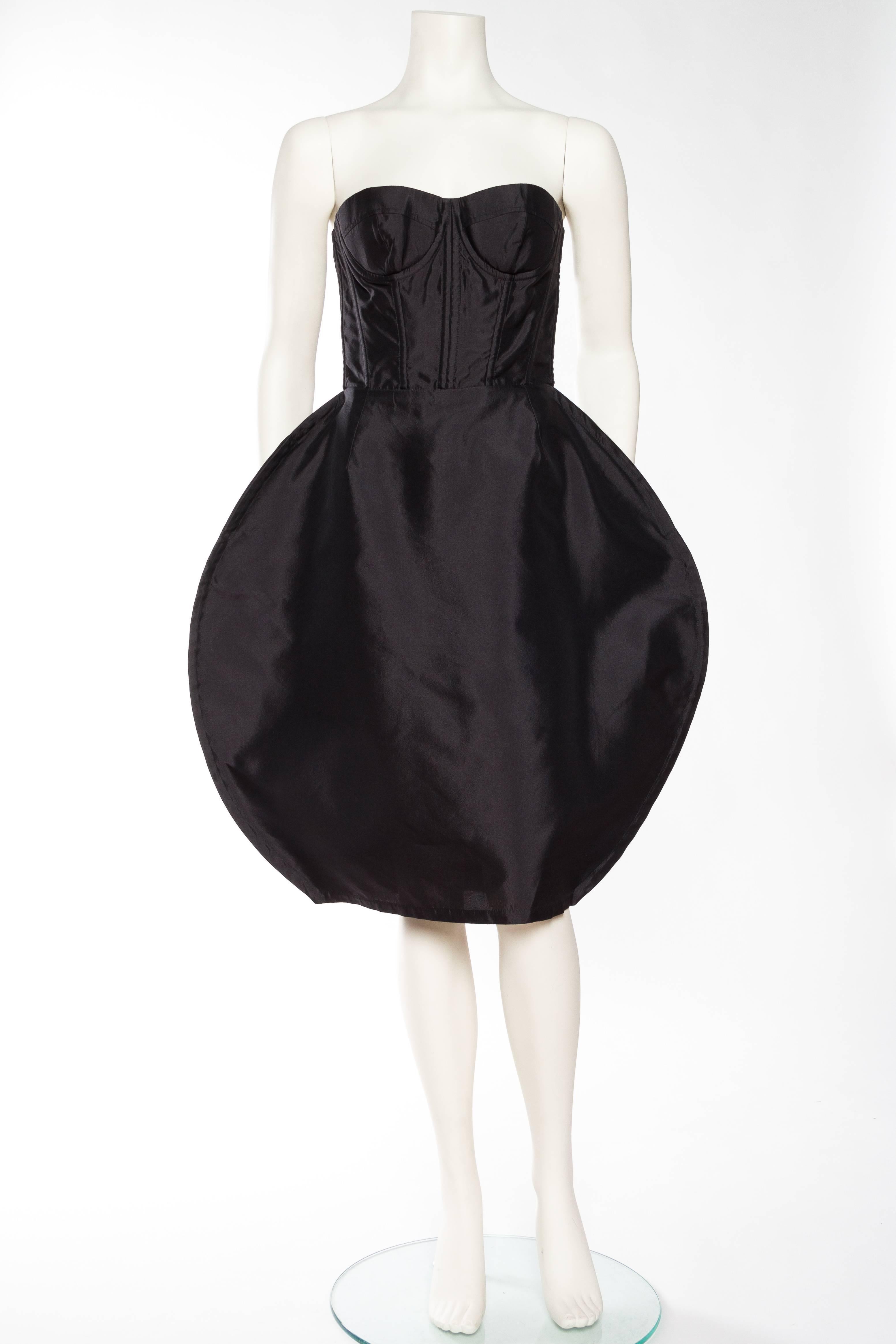 2000S DOLCE & GABBANA Black Silk Twill Strapless Bustier Cocktail Dress With Pockets