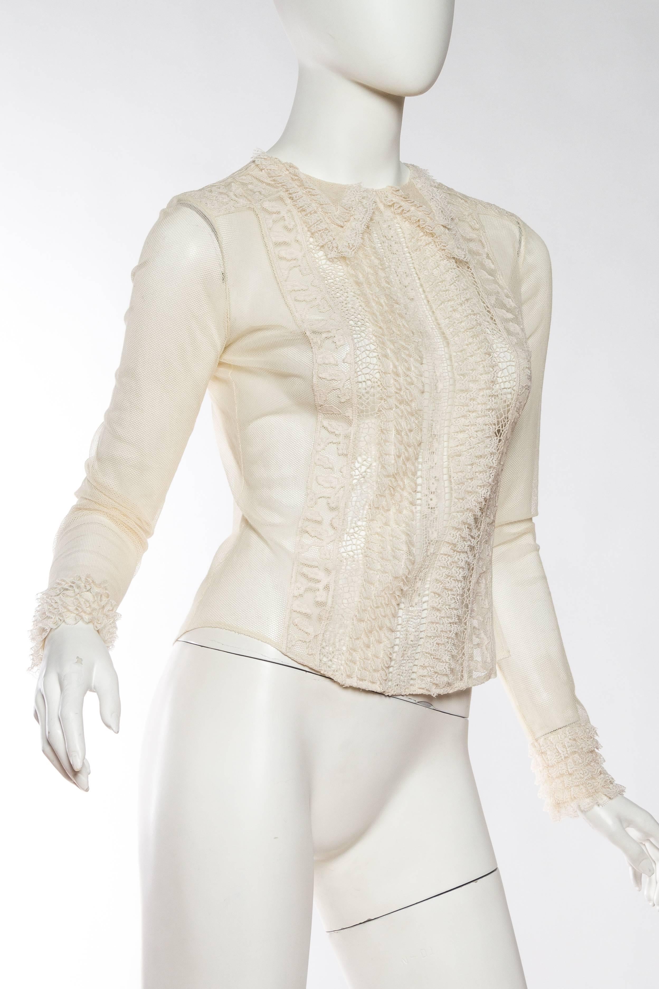 Beige Victorian Style Lace & Net Blouse by Oscar De La Renta