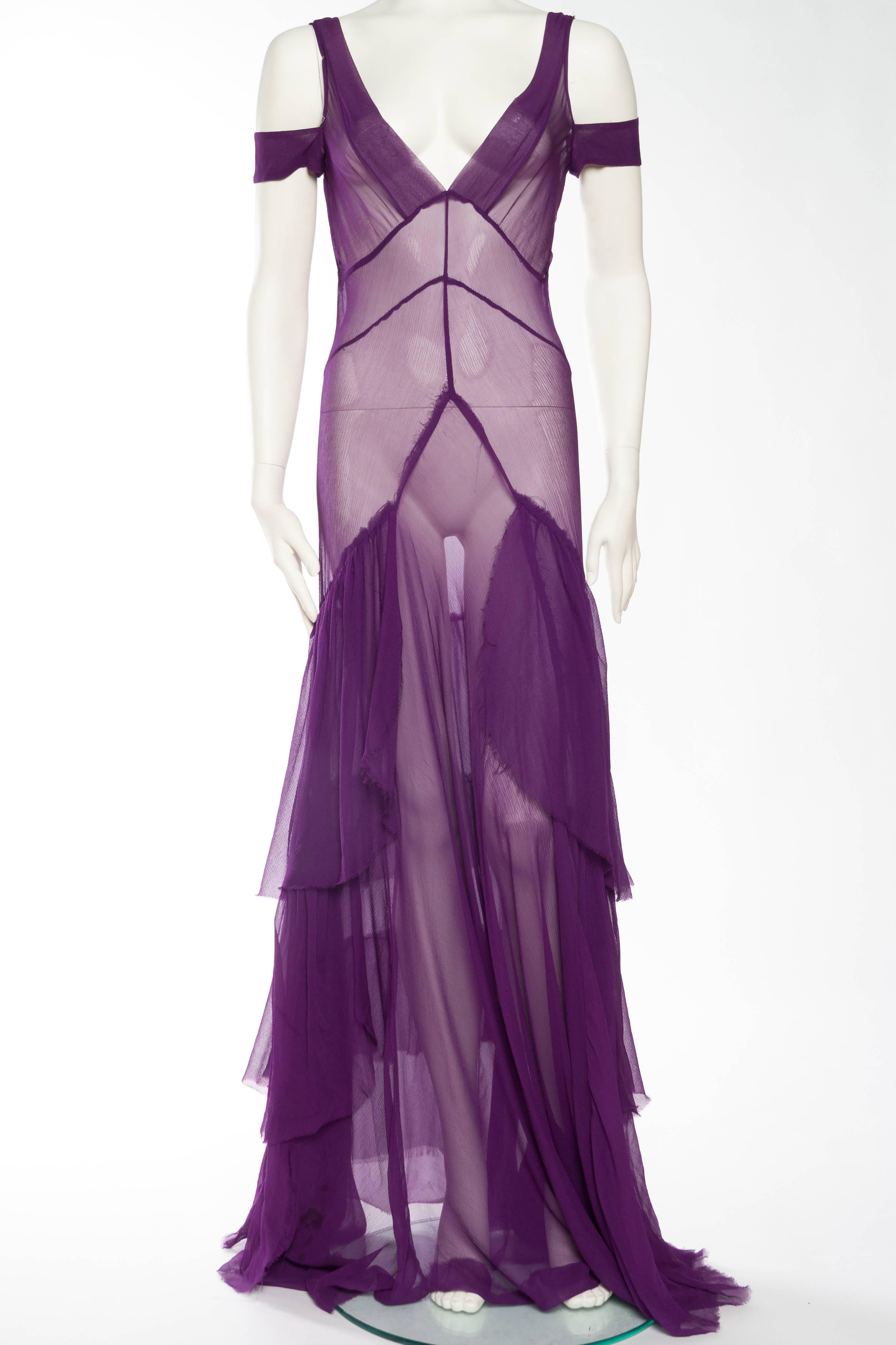 From the 1990s with raw hems in the style of Alberta Ferretti and Alexander McQueen however this dress has no label. 