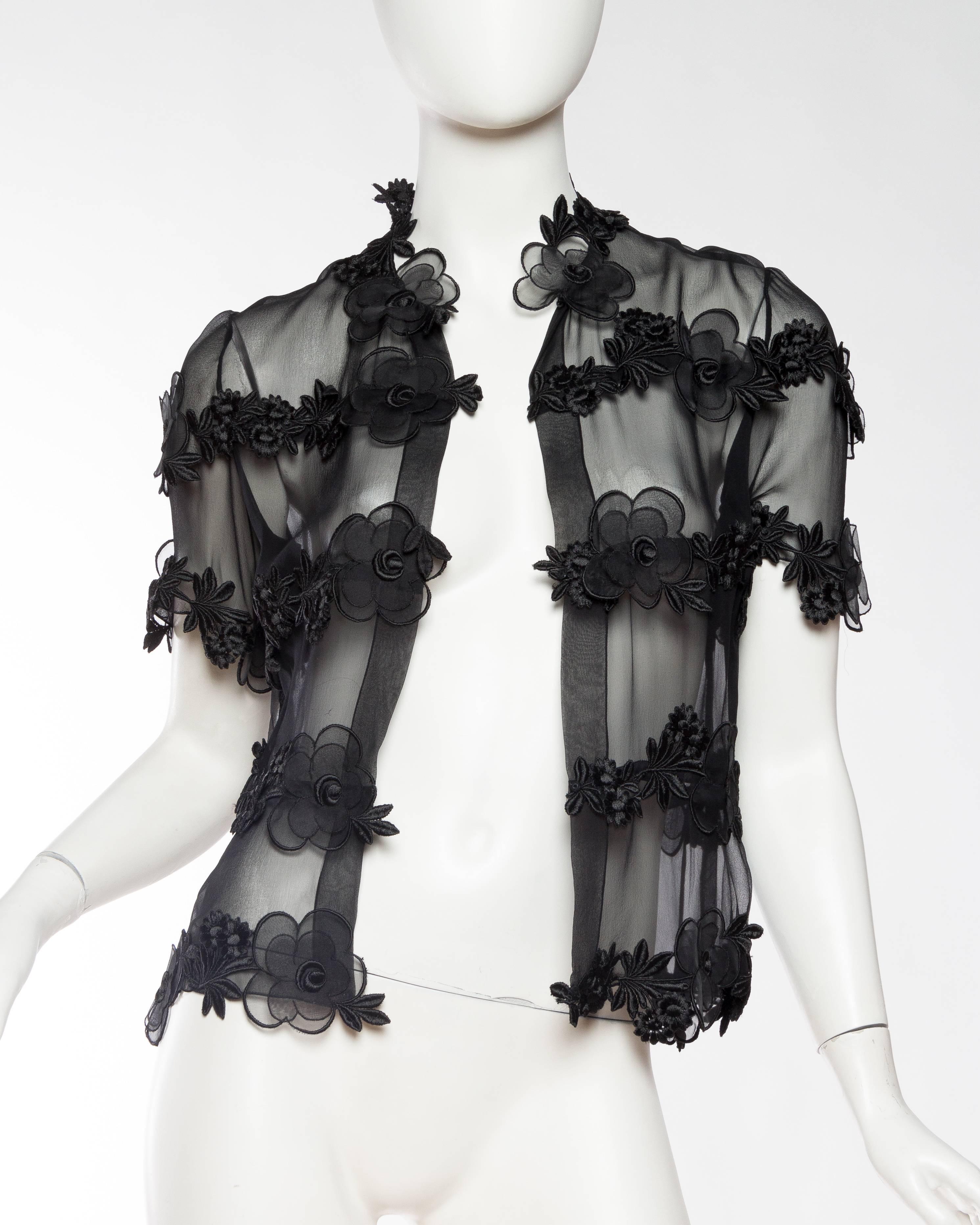 Sheer Black Chanel Jacket with Embroidered Flowers In Excellent Condition In New York, NY