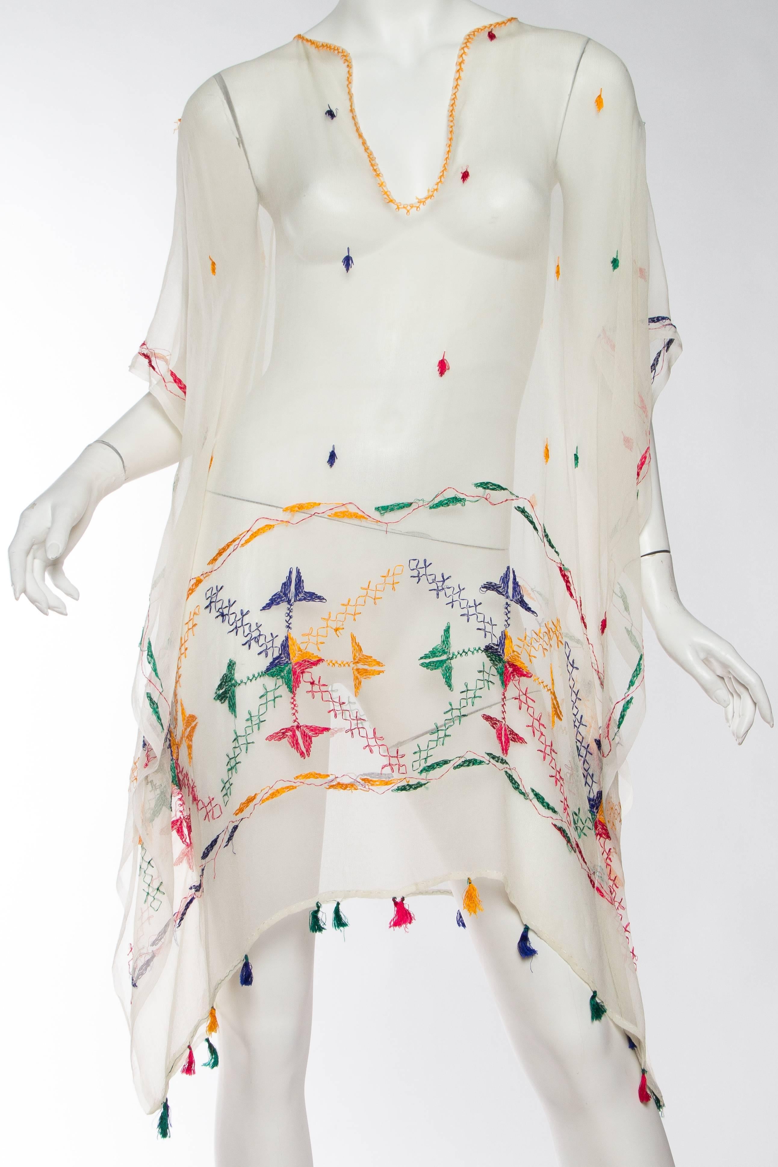 Beige Vintage Silk Chiffon Tunic with Hand Embroidery