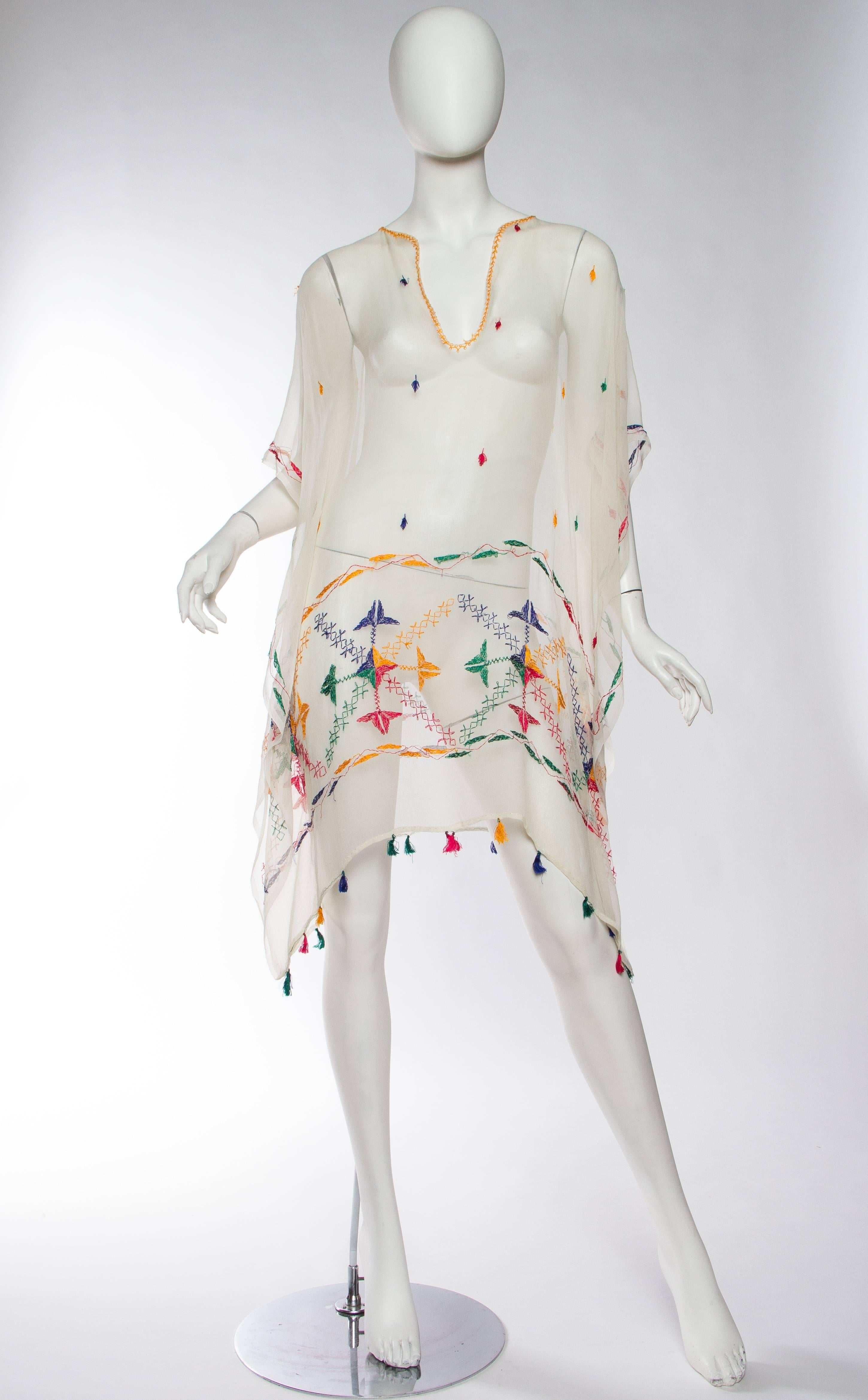 Vintage Silk Chiffon Tunic with Hand Embroidery In Excellent Condition In New York, NY