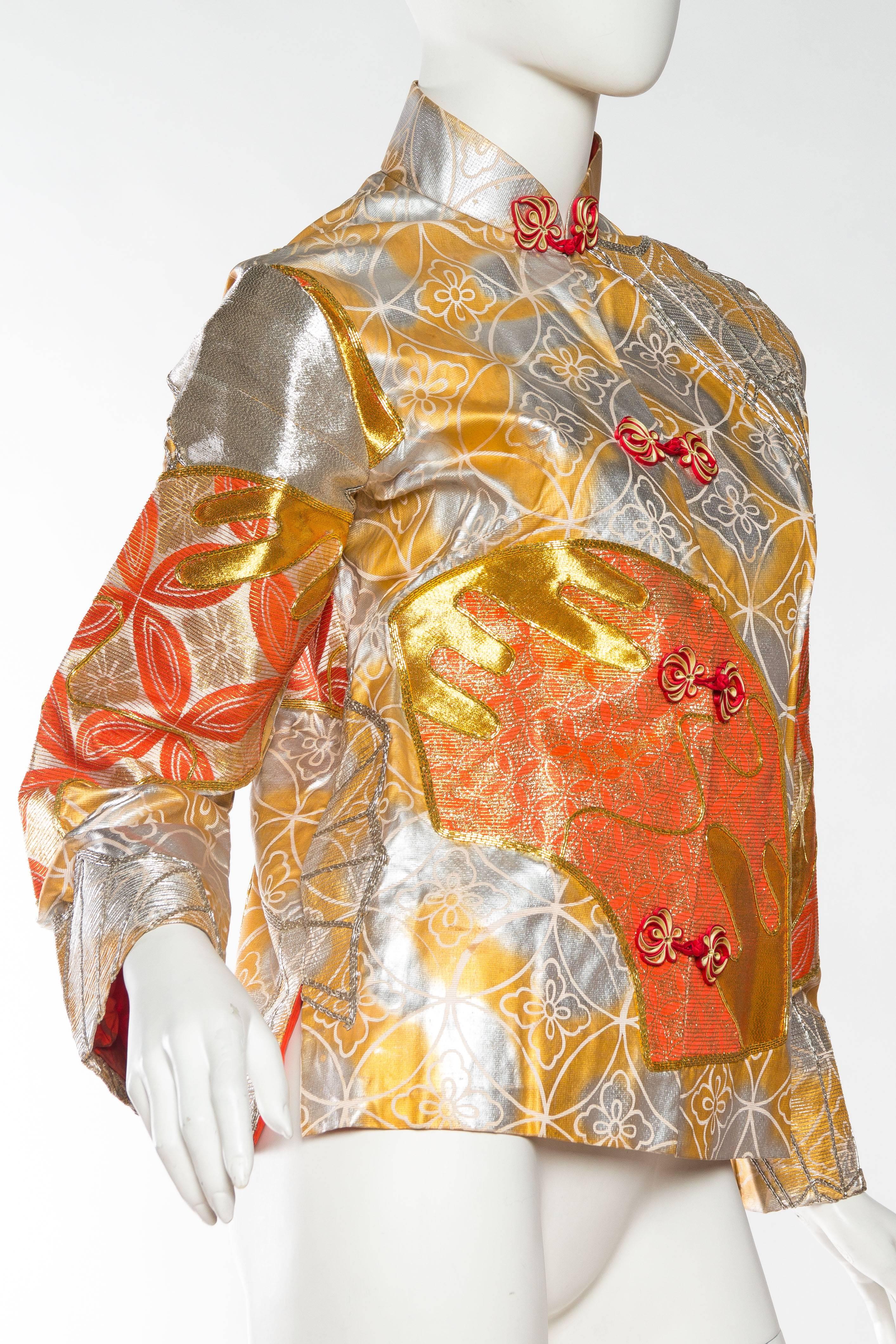 Women's 1960S Gold & Orange Silk Hand Painted Embroidered Chinese Mandarin Jacket