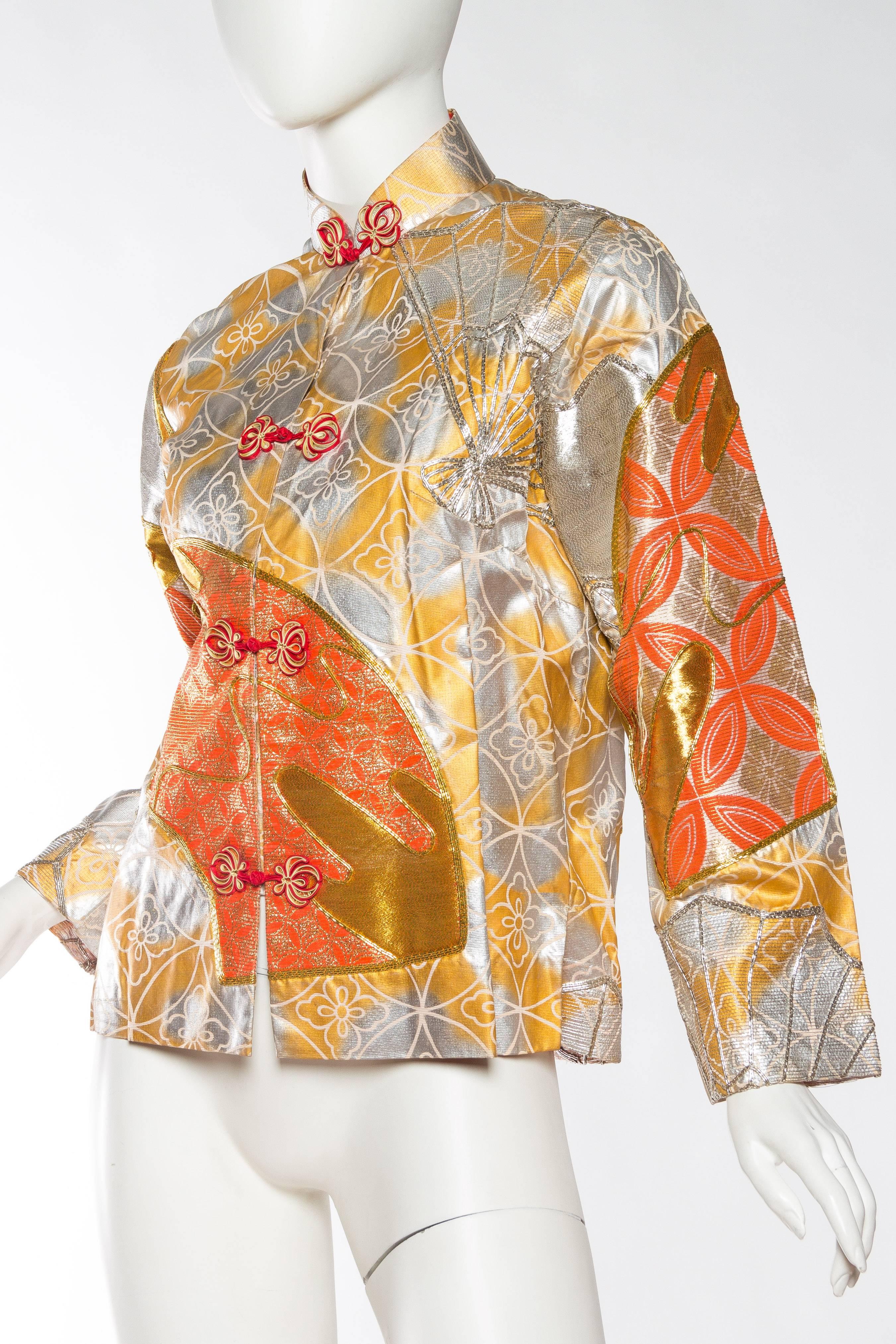 1960S Gold & Orange Silk Hand Painted Embroidered Chinese Mandarin Jacket 1