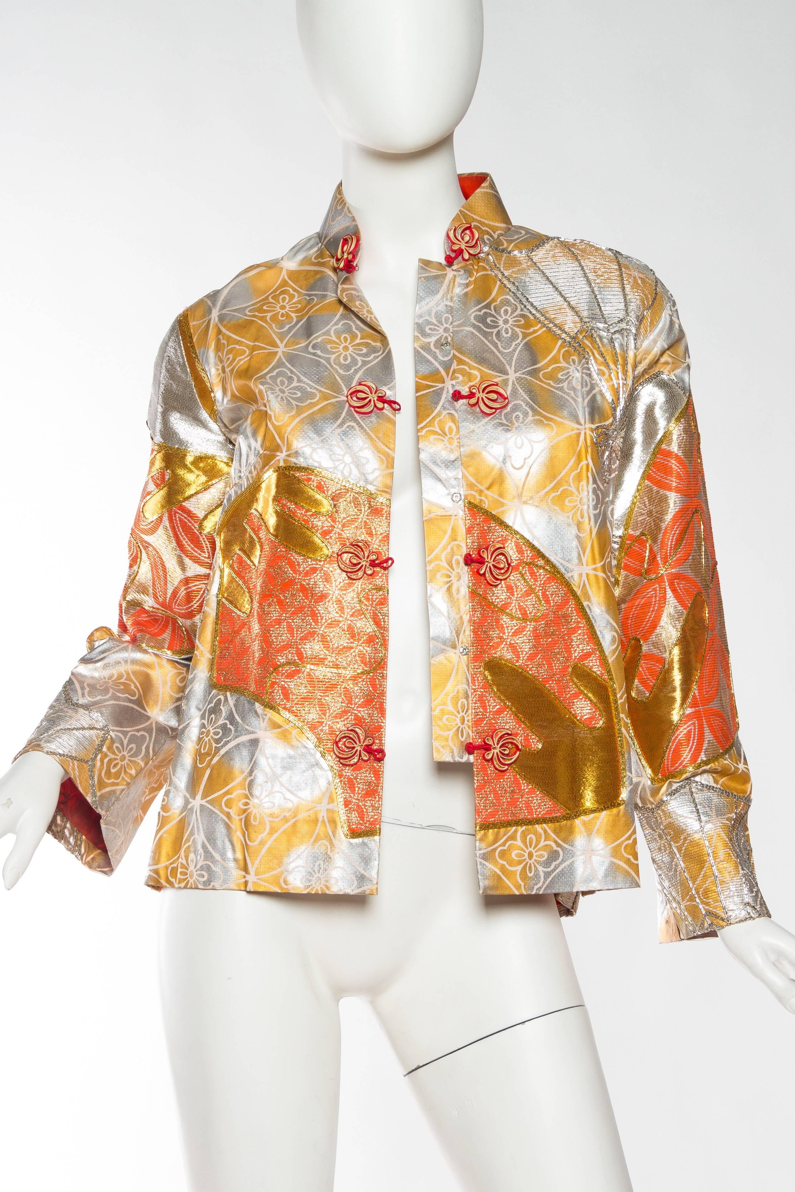 1960S Gold & Orange Silk Hand Painted Embroidered Chinese Mandarin Jacket In Excellent Condition In New York, NY