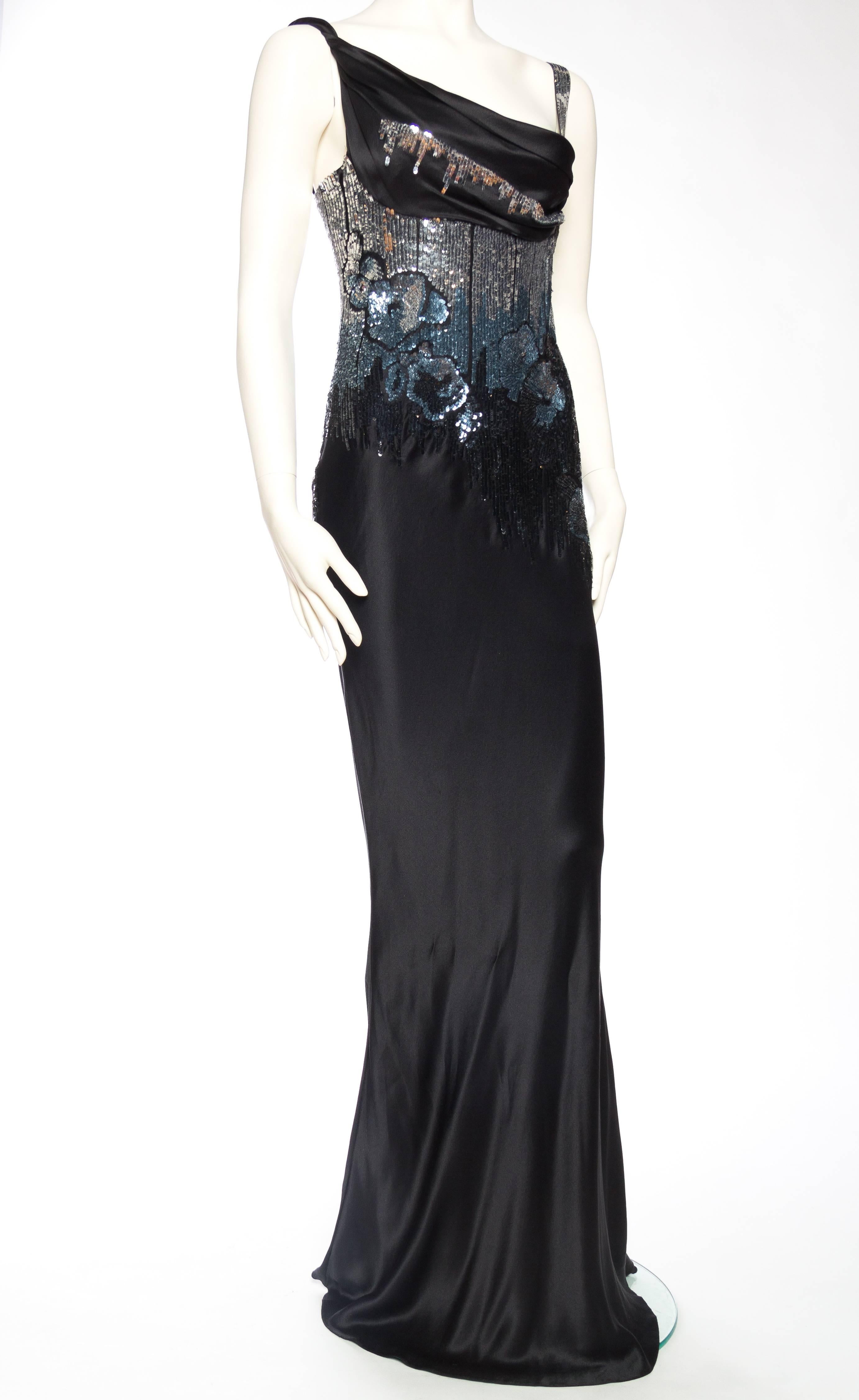 Black 1990s Silver Beaded & Sequined Bias Satin Gown by John Galliano