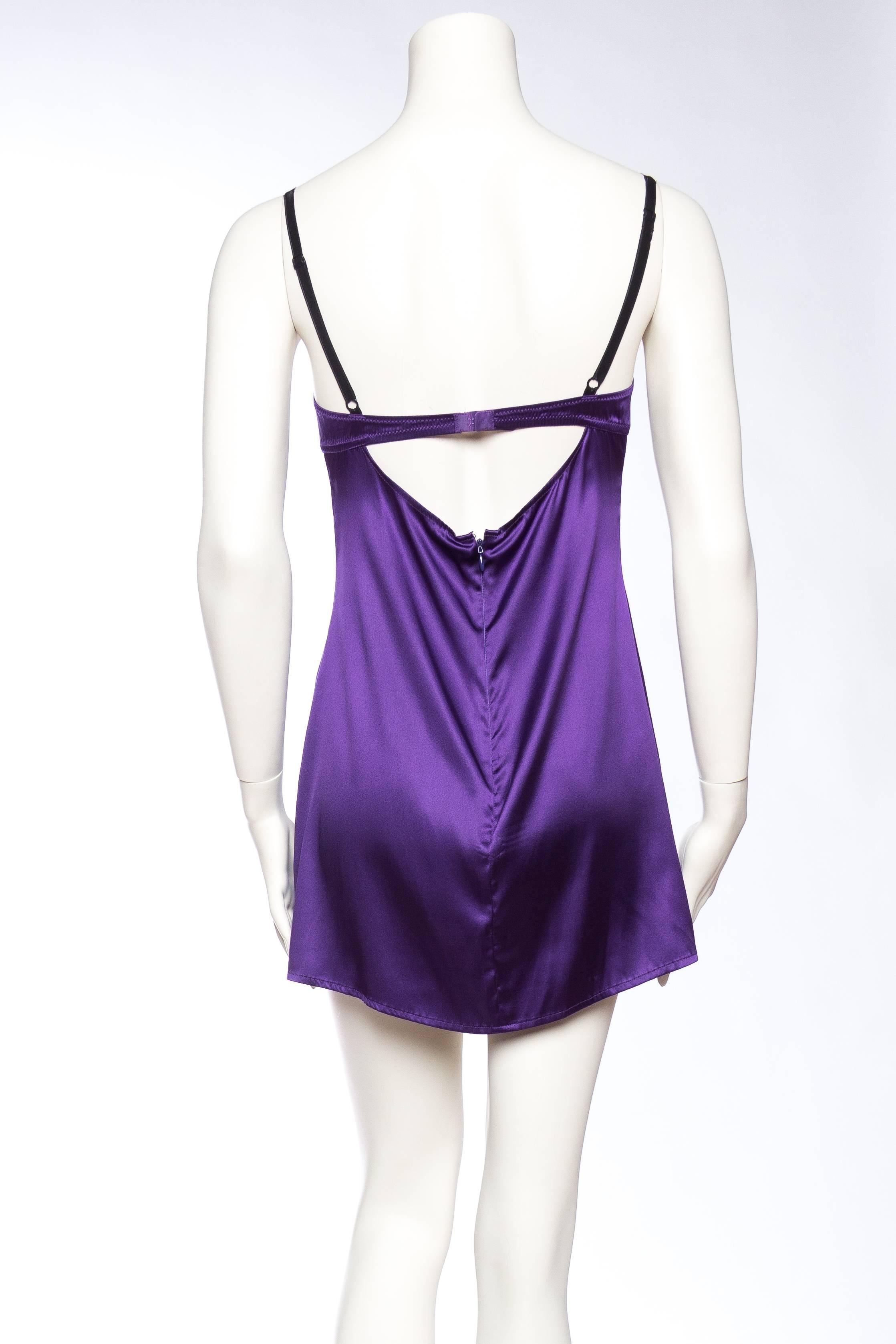 1990S DOLCE & GABBANA Purple Silk Charmeuse Black Lace Lingerie Slip Dress In Excellent Condition In New York, NY