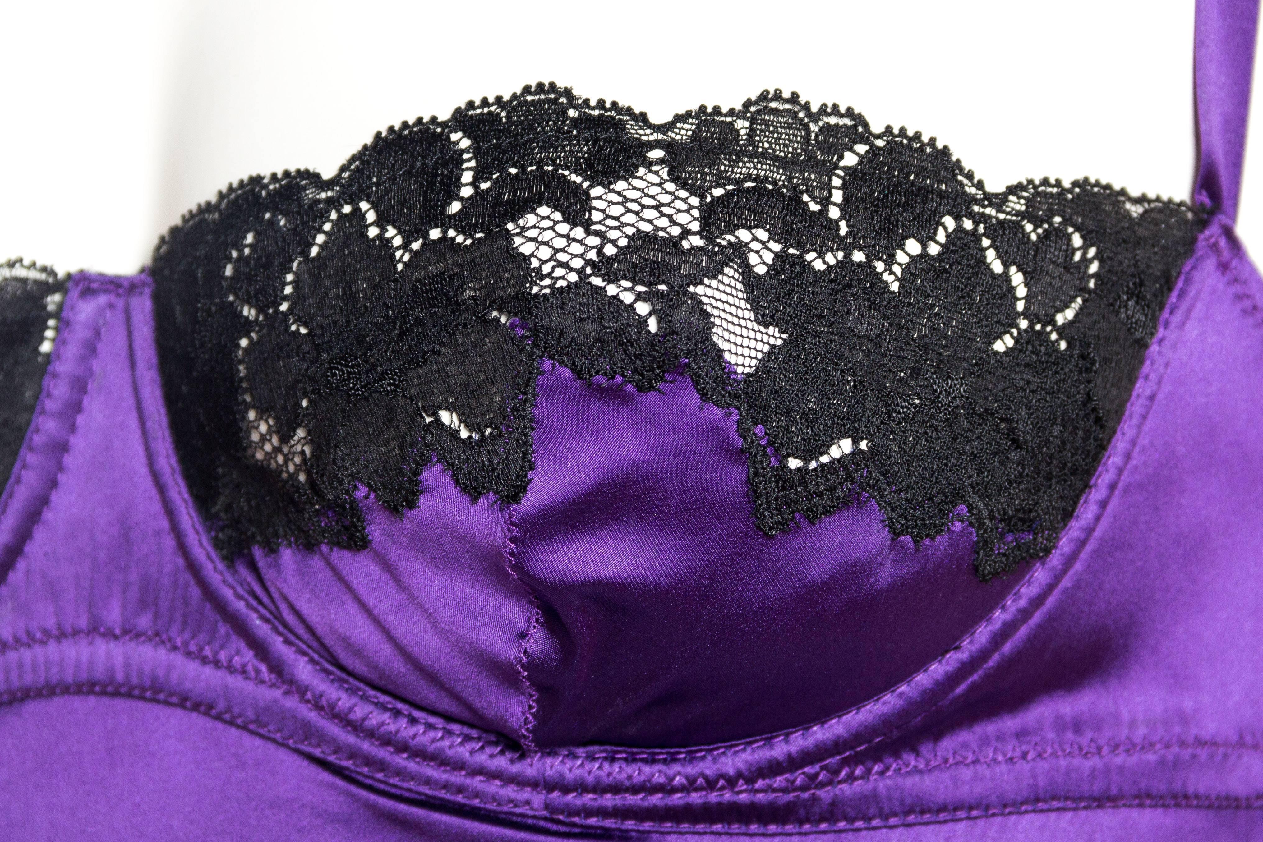 1990S DOLCE & GABBANA Purple Silk Charmeuse Black Lace Lingerie Slip Dress 2