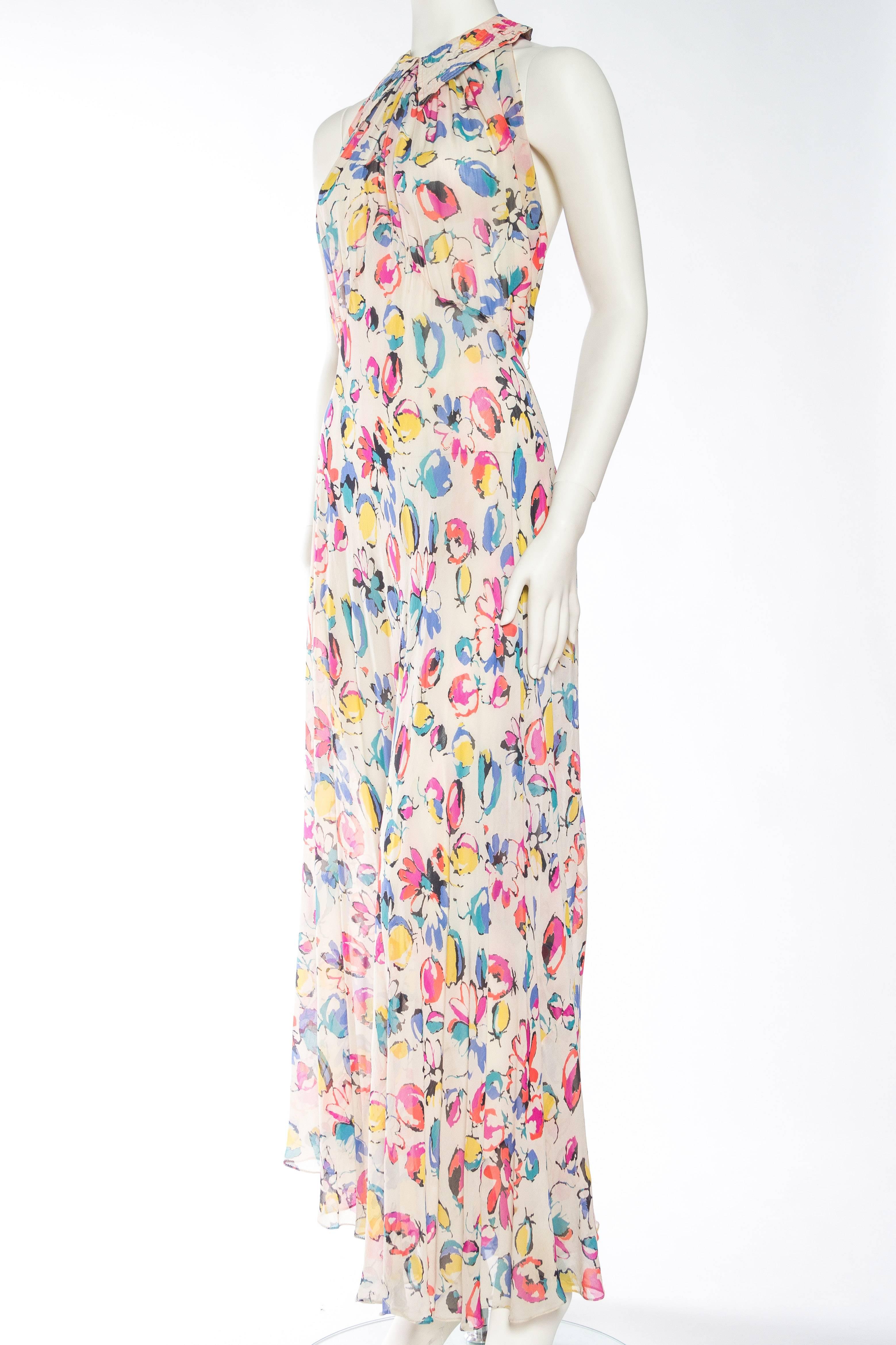 Women's Beautiful 1930s Floral Bias Silk Chiffon Dress