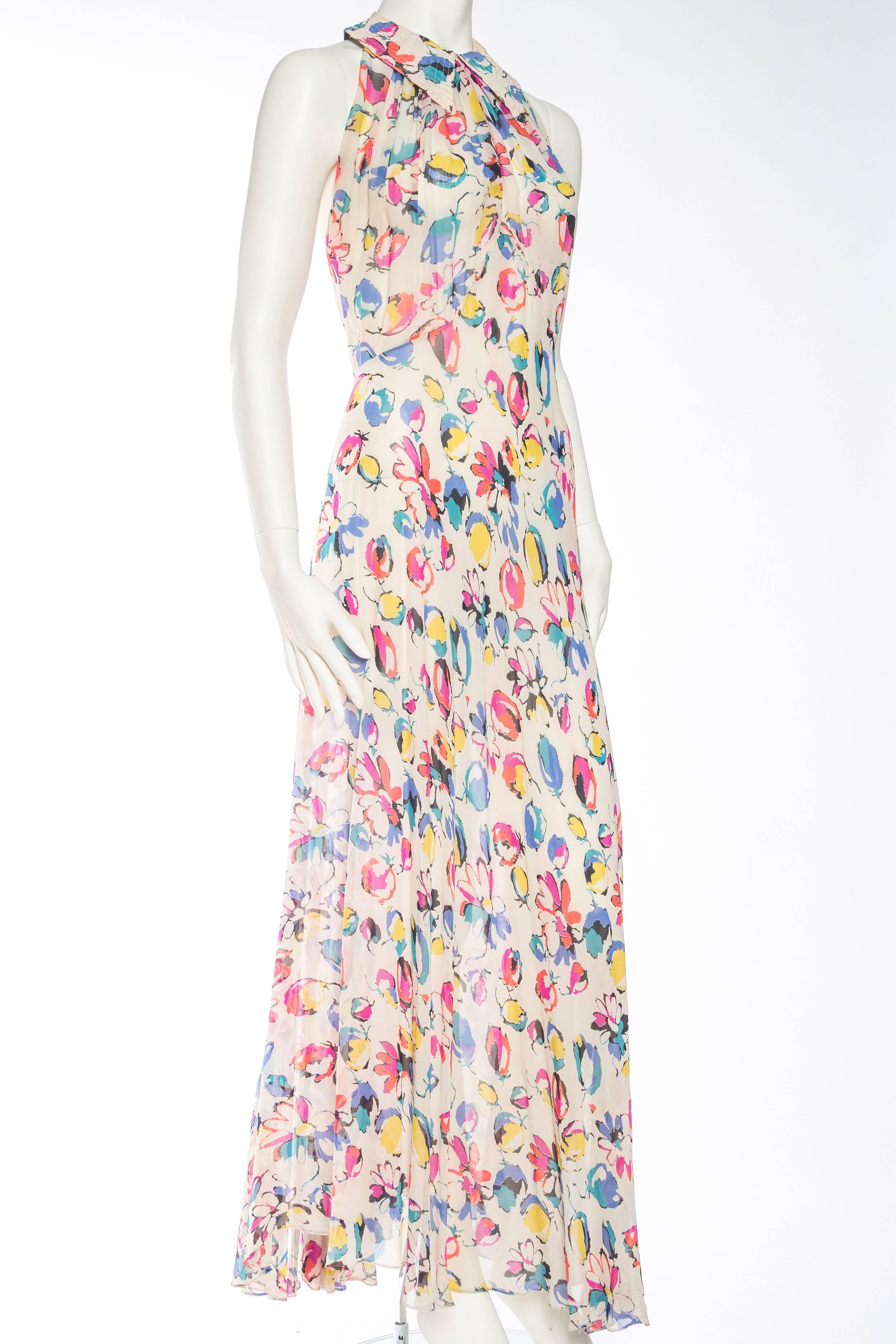 Beautiful 1930s Floral Bias Silk Chiffon Dress In Good Condition In New York, NY