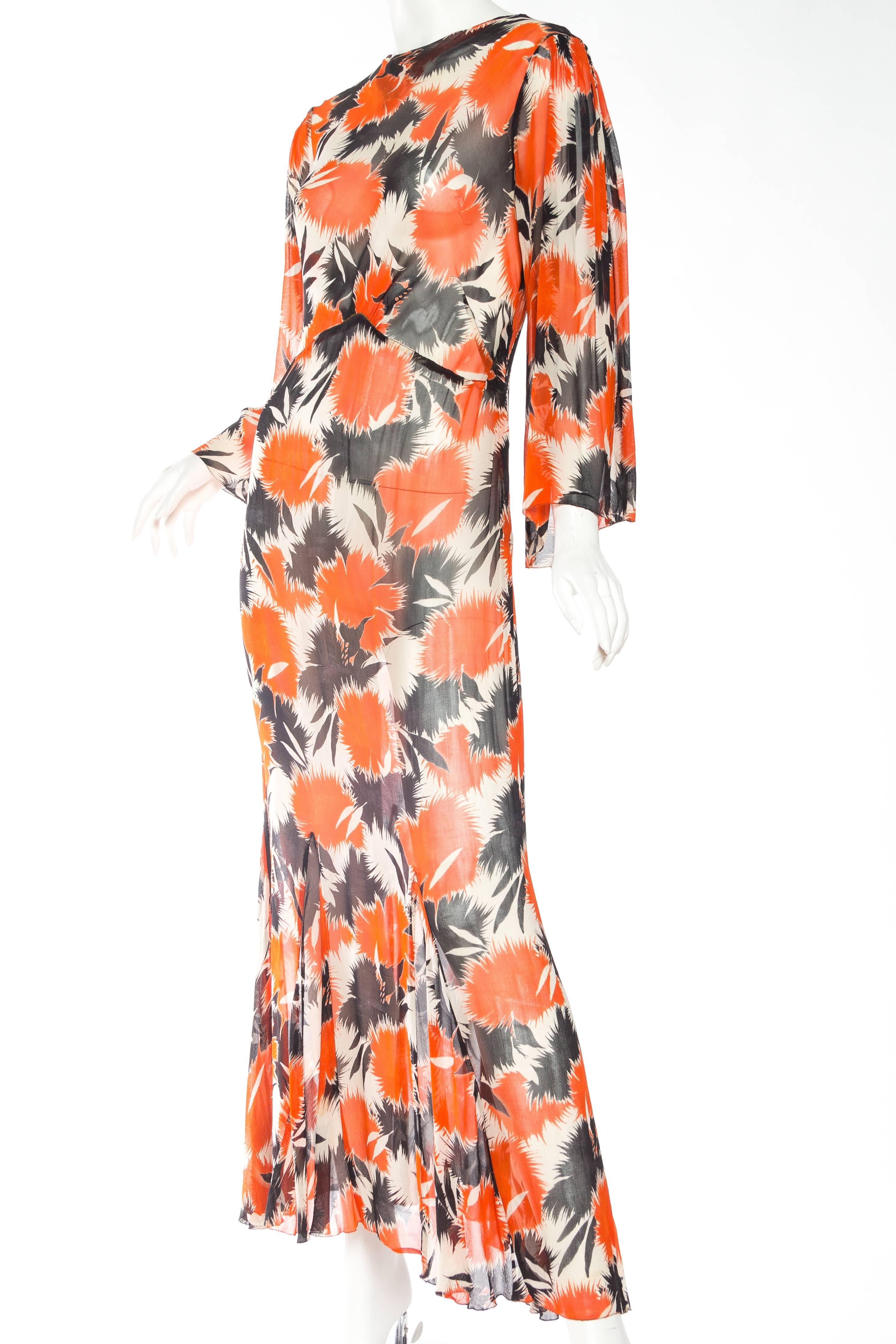 1930s Sheer Silk Chiffon Abstract Floral Tea Dress 1