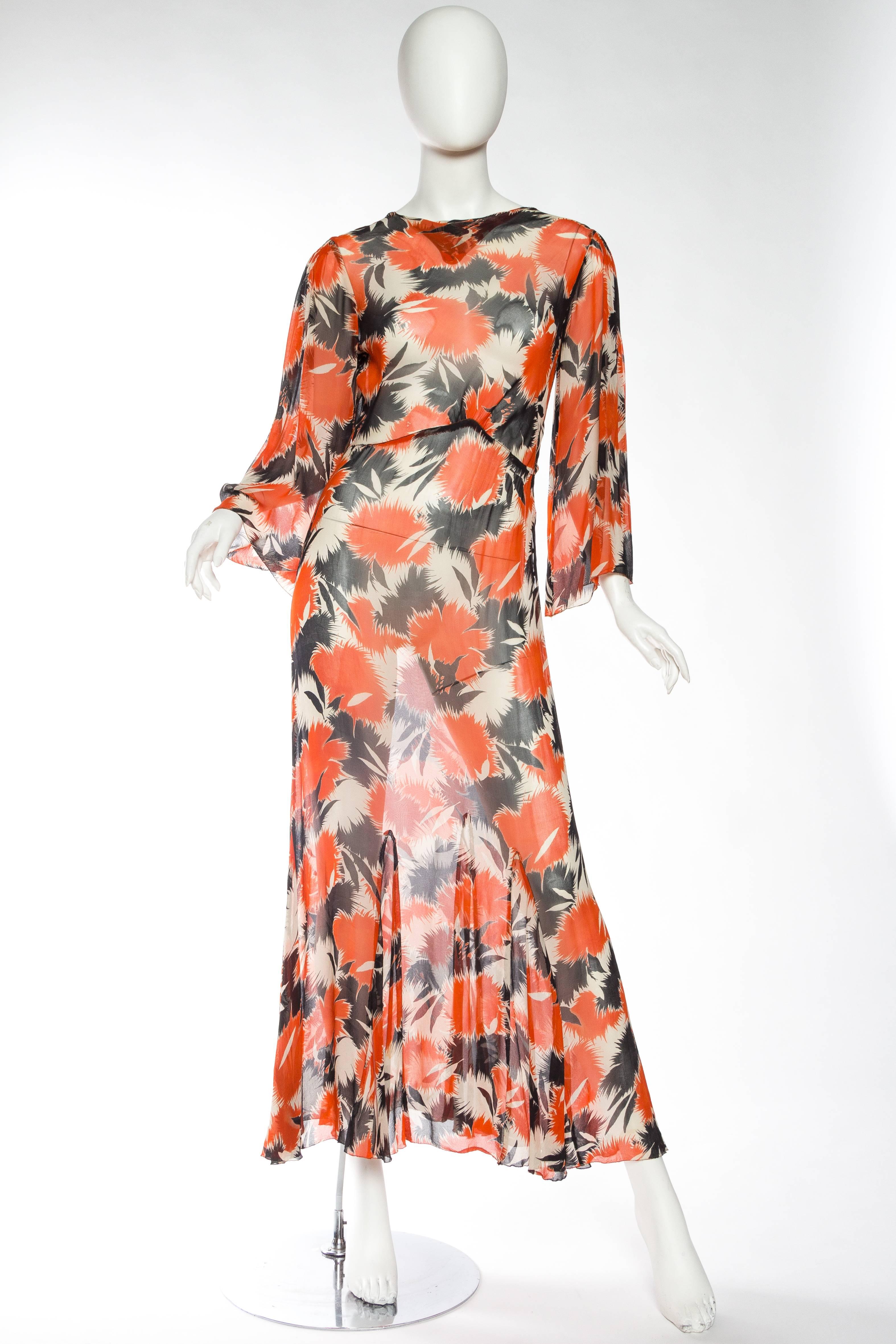 1930s Sheer Silk Chiffon Abstract Floral Tea Dress In Excellent Condition In New York, NY