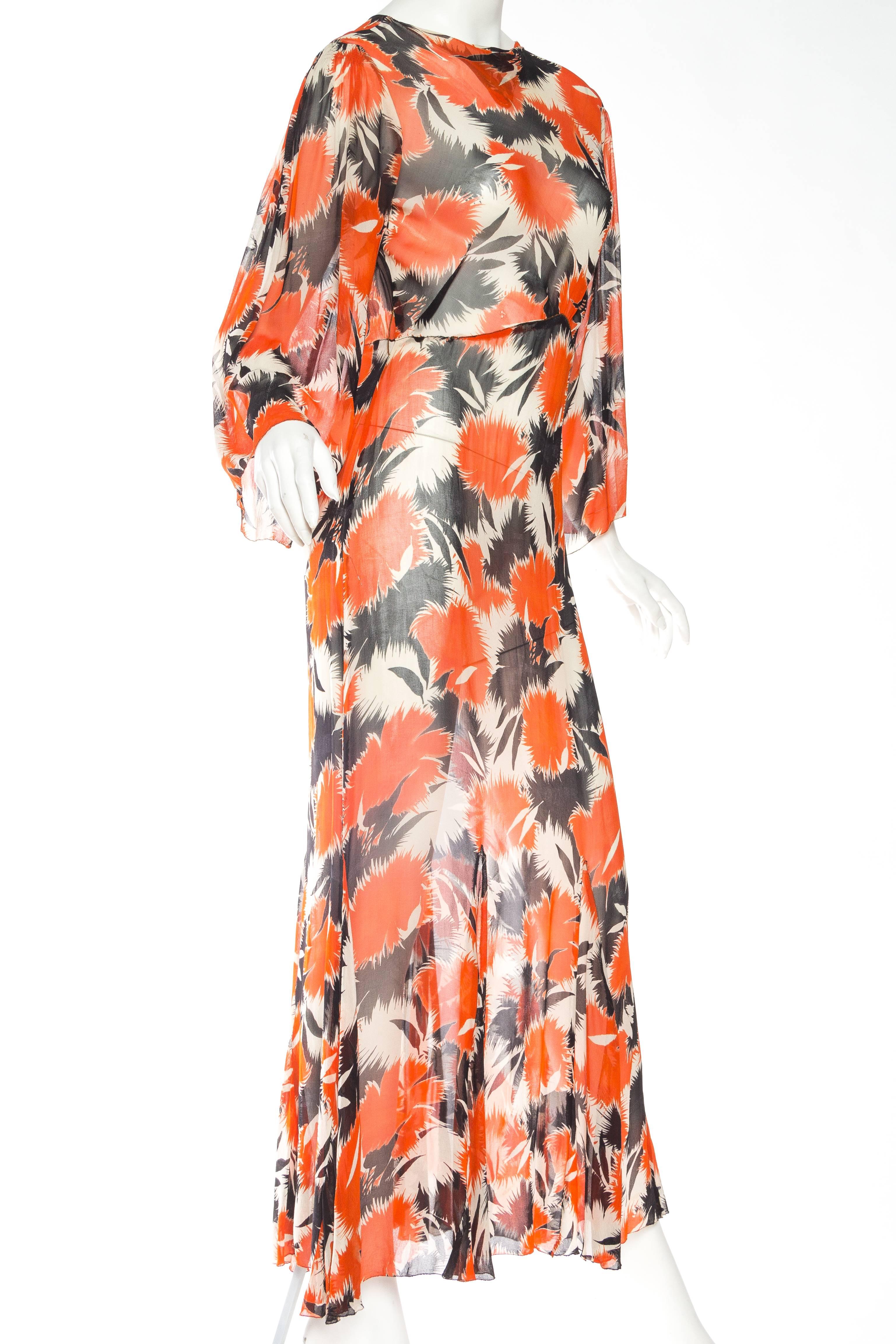 Women's 1930s Sheer Silk Chiffon Abstract Floral Tea Dress
