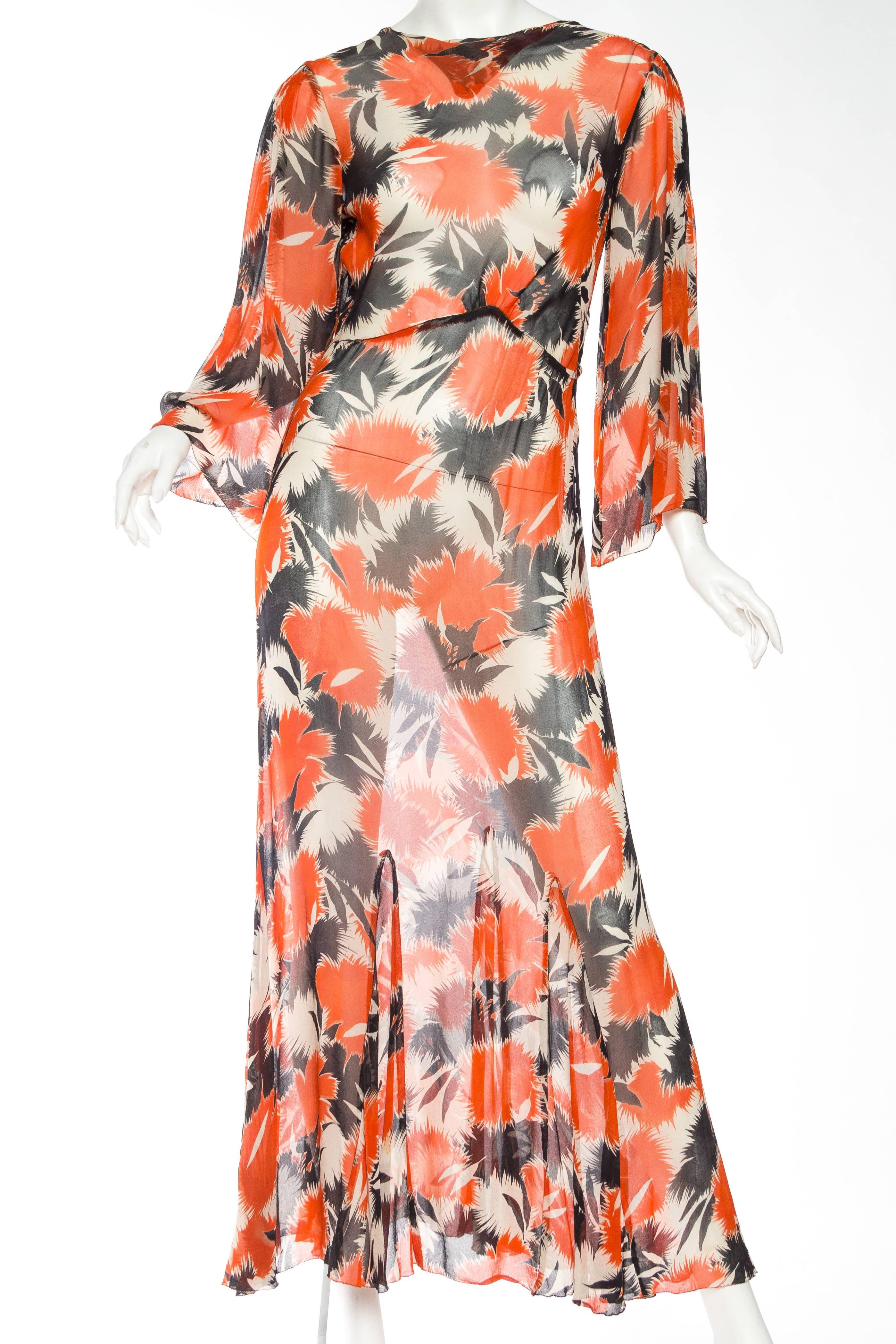 Beige 1930s Sheer Silk Chiffon Abstract Floral Tea Dress