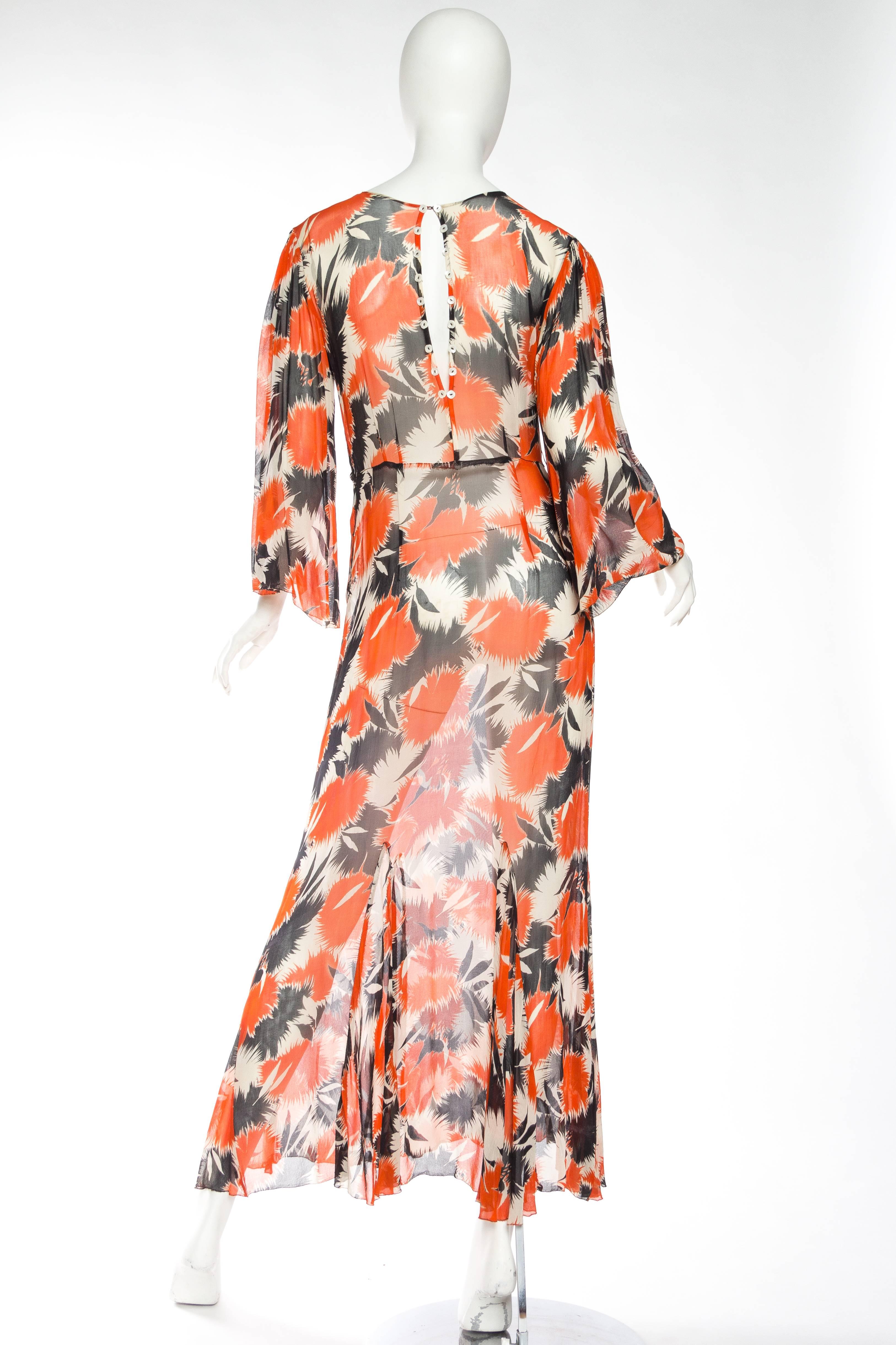 1930s Sheer Silk Chiffon Abstract Floral Tea Dress 2