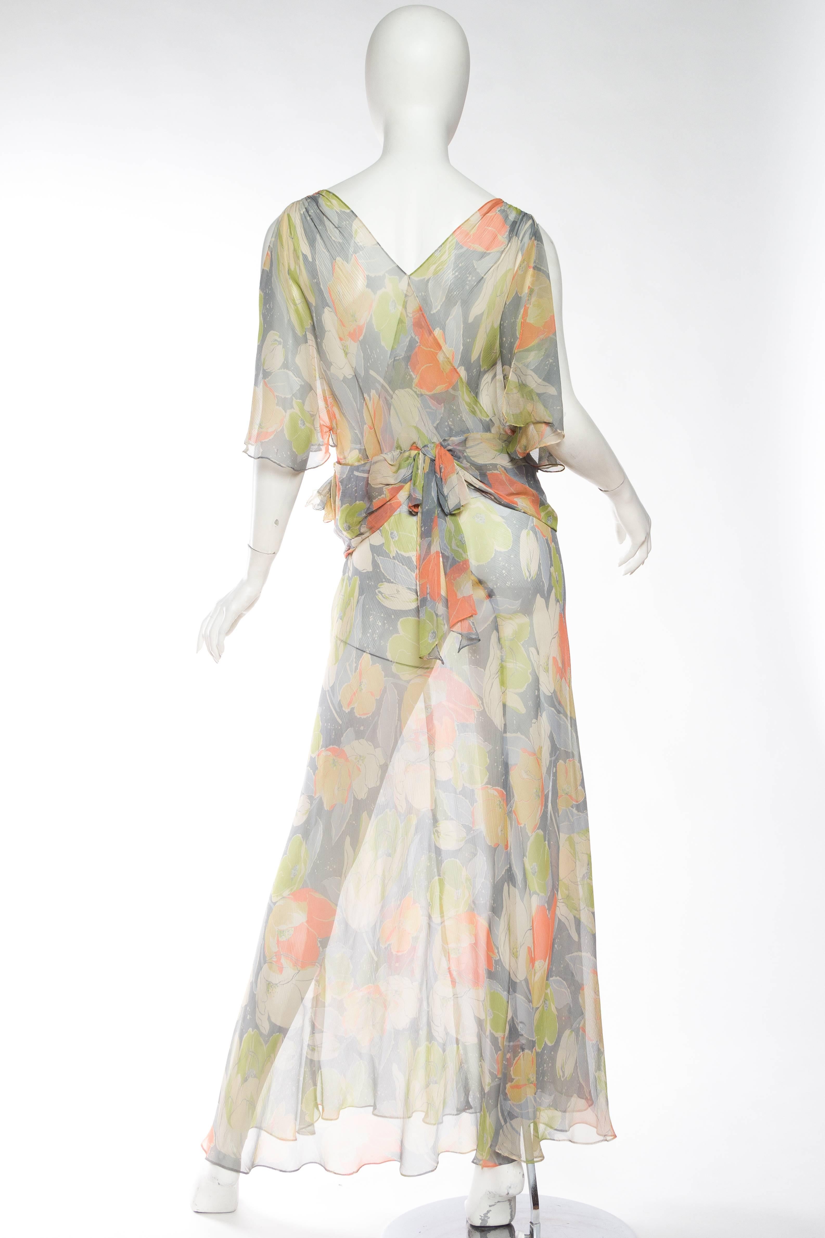 Women's Beautifully Finished Sheer 1930s Bias-Cut Floral Silk Chiffon Dress