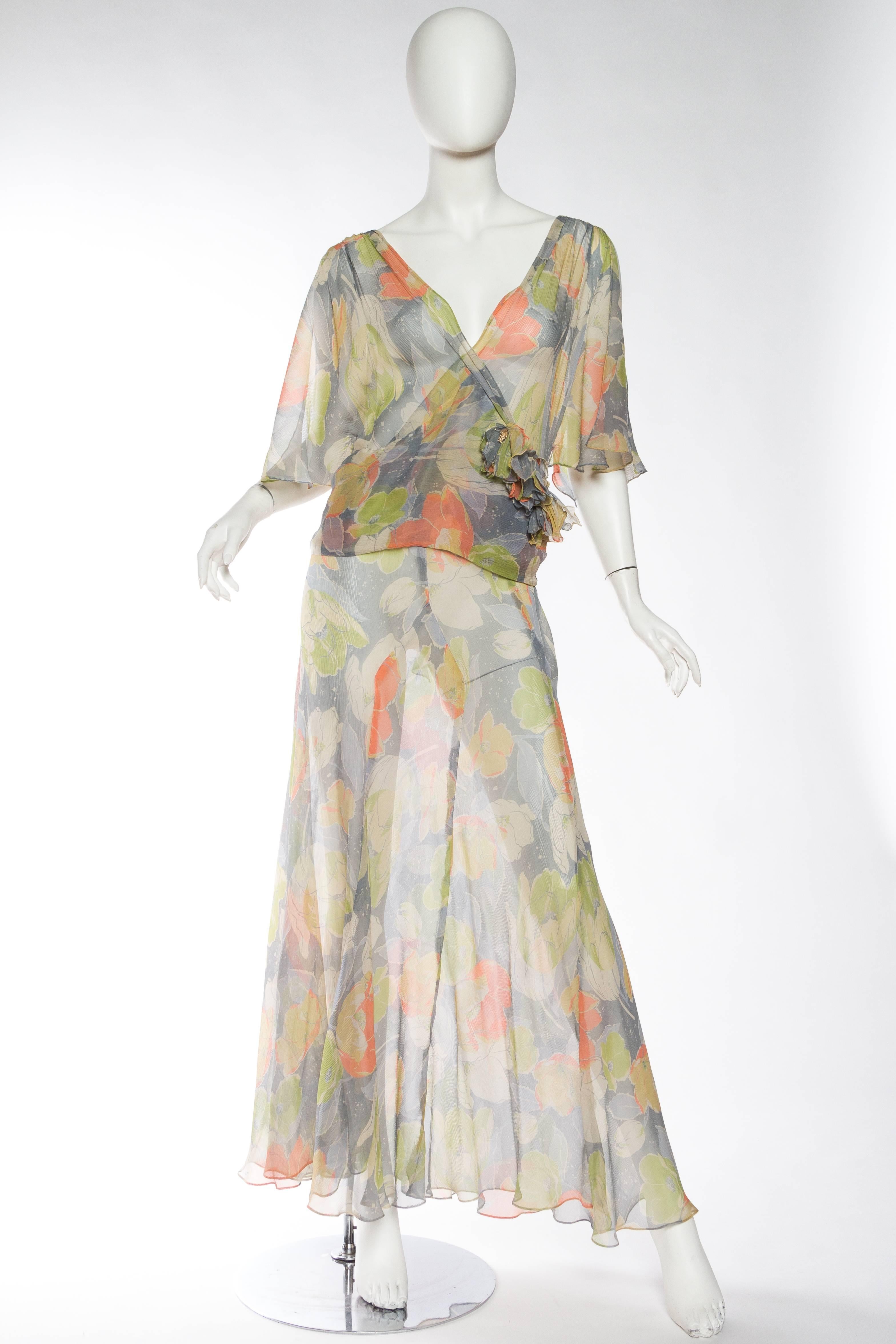 Beige Beautifully Finished Sheer 1930s Bias-Cut Floral Silk Chiffon Dress
