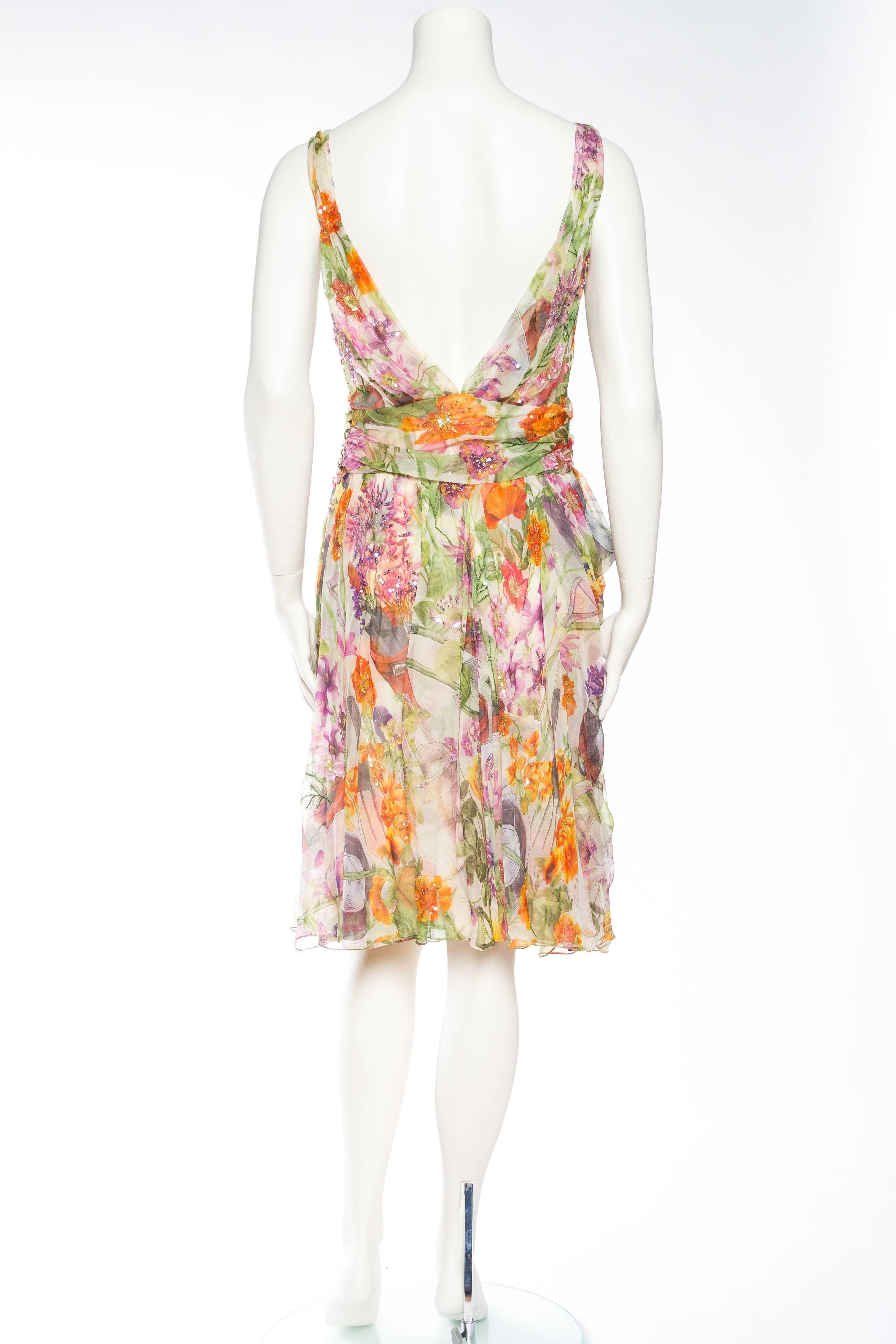 1990S JOHN GALLIANO CHRISTIAN DIOR Pastel Floral Silk Chiffon Backless Beaded G In Excellent Condition In New York, NY